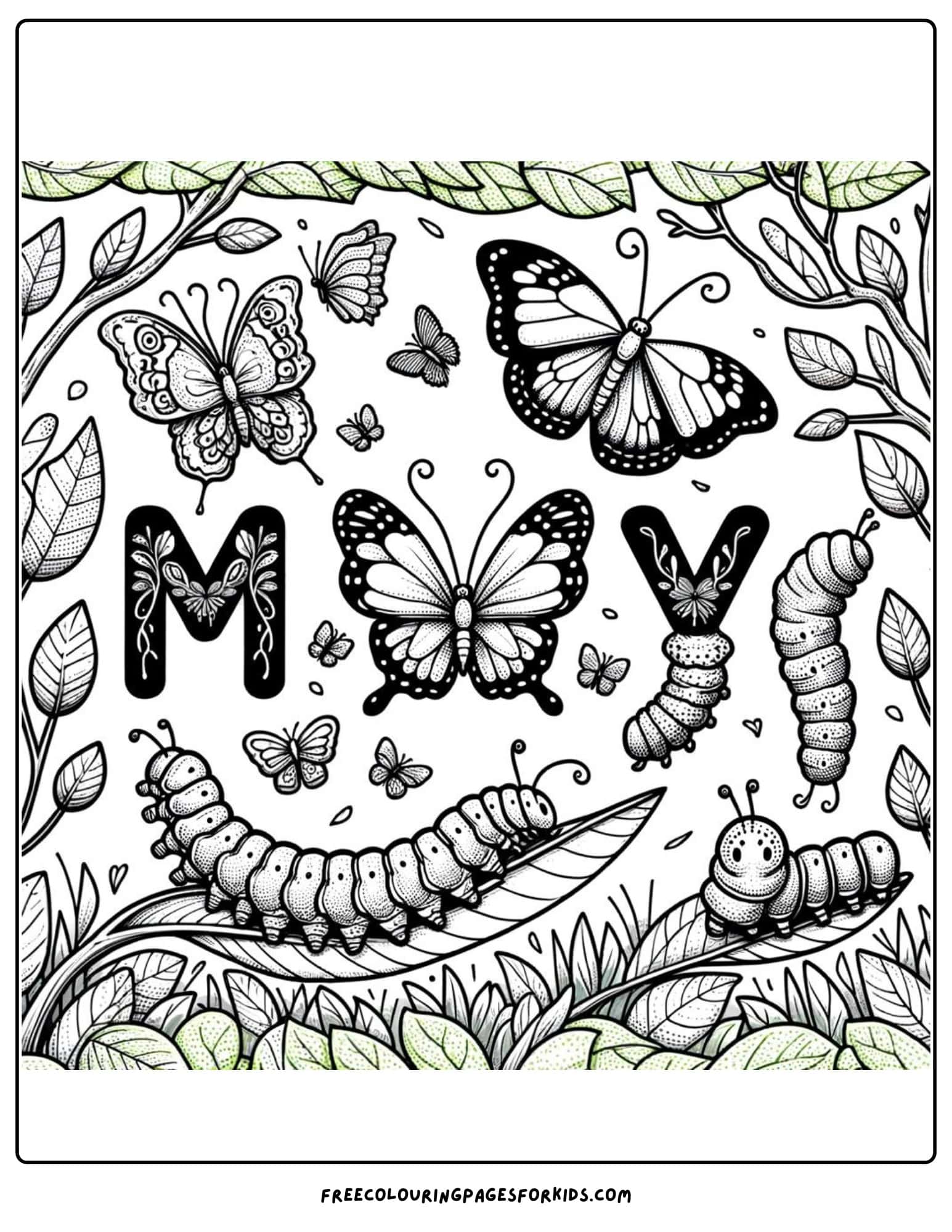 Butterflies & Caterpillars May Coloring Page