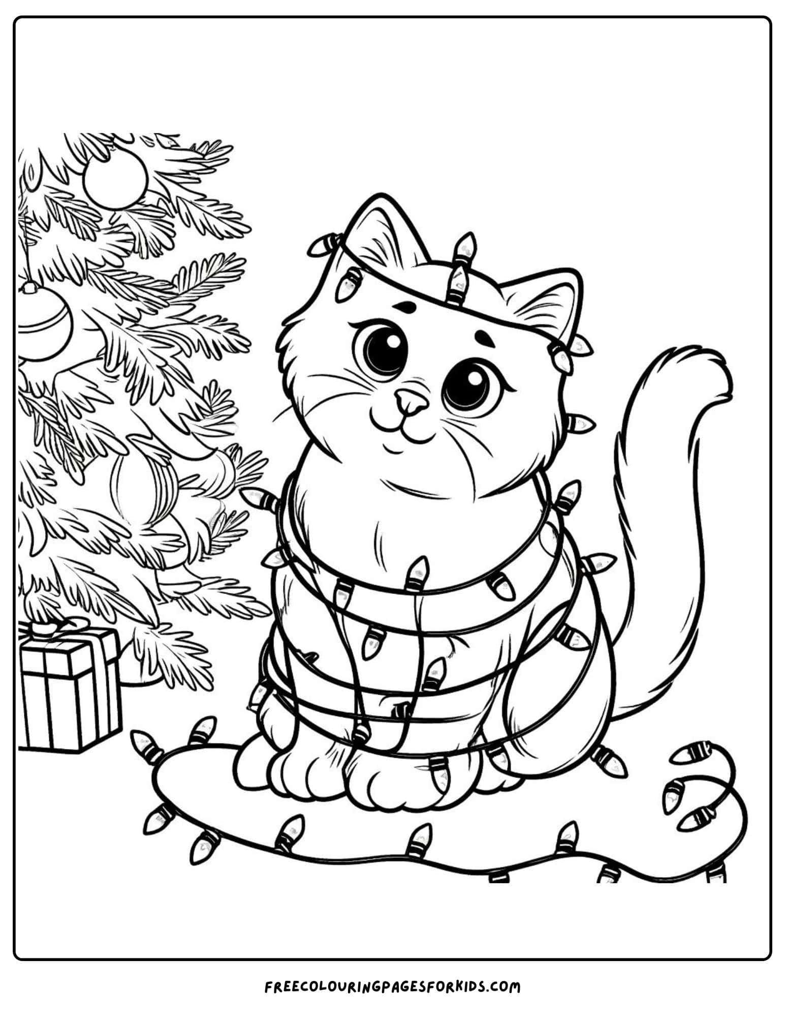 cat stuck in christmas lights coloring page