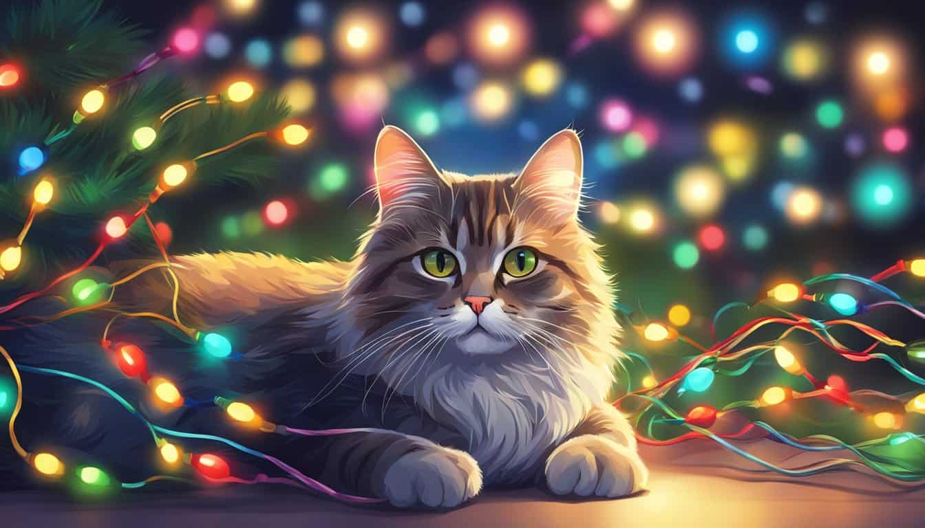 A Cat Tangled in Christmas Lights