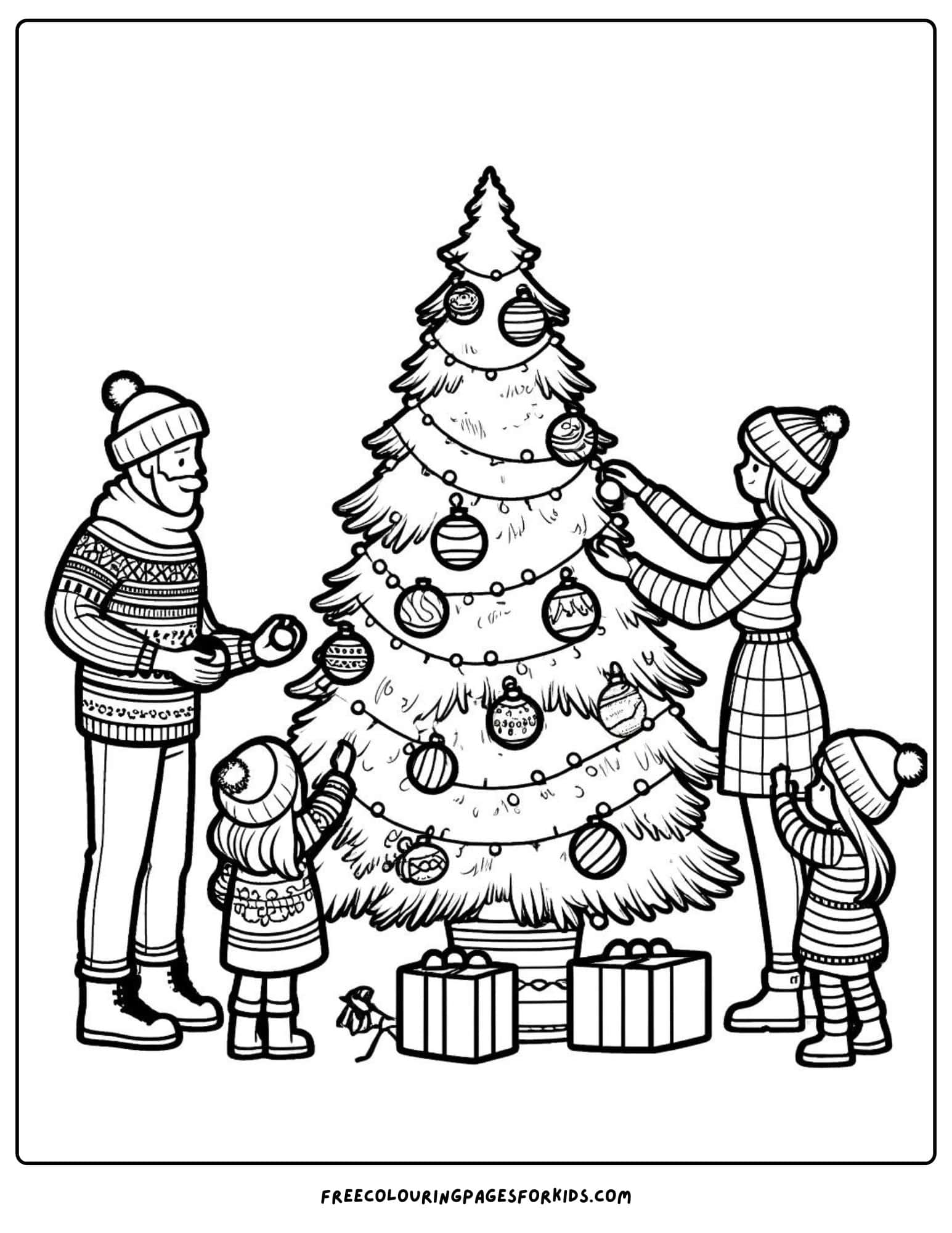 family decorating a christmas tree coloring page