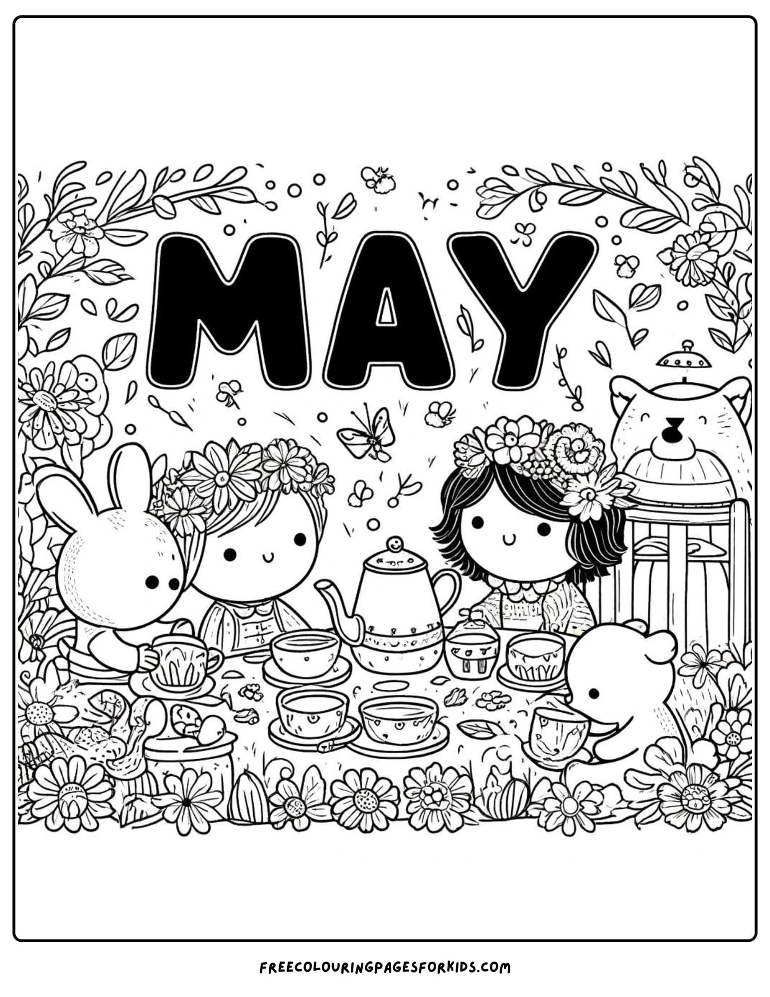 Garden tea Party May Coloring Page