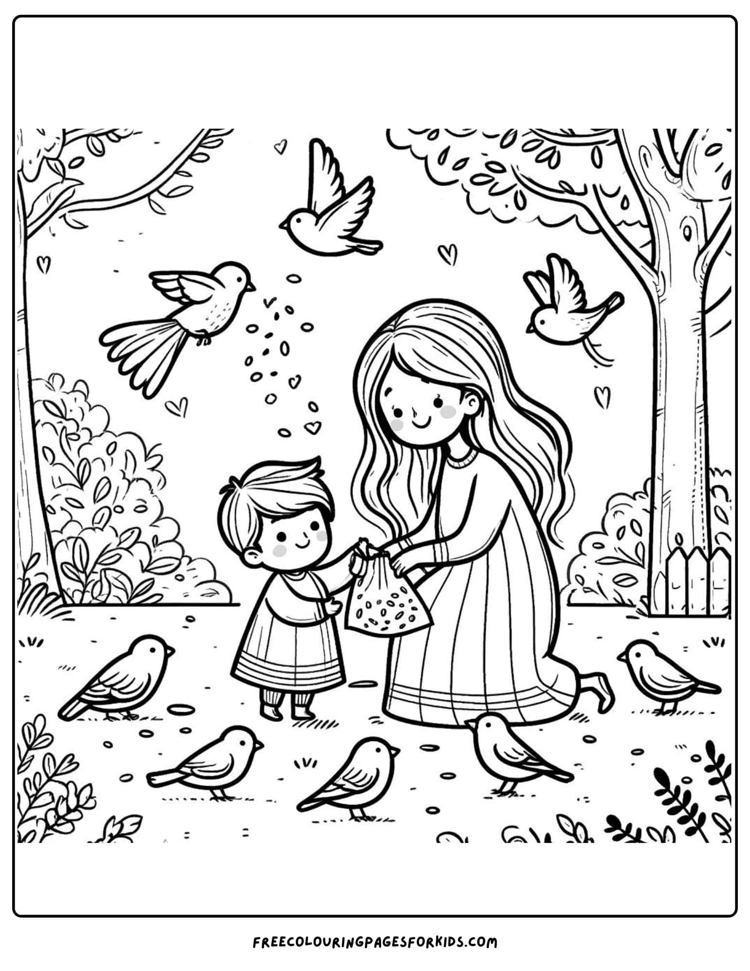 Feeding Birds with Mom coloring page