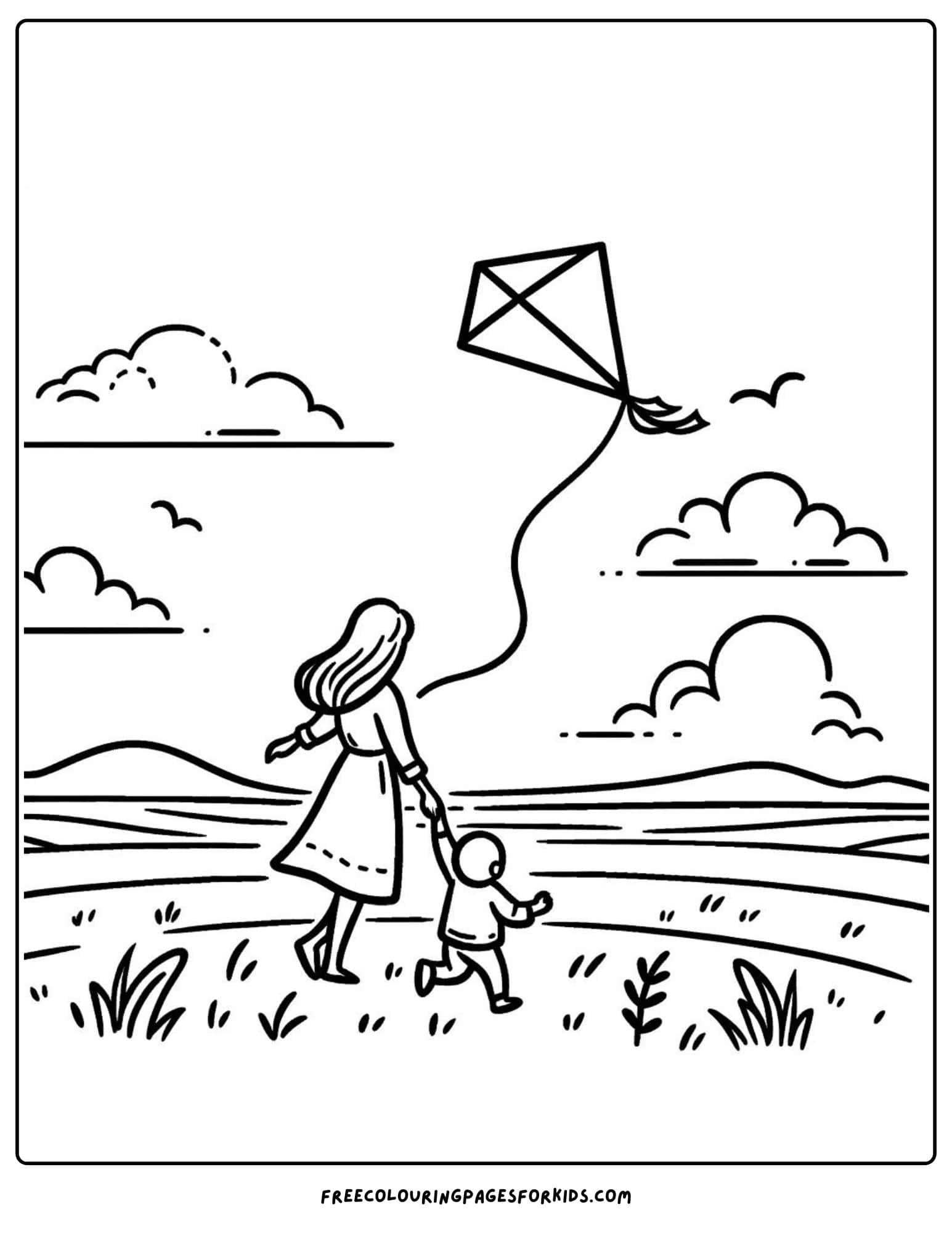 Flying a Kite with Mom coloring page