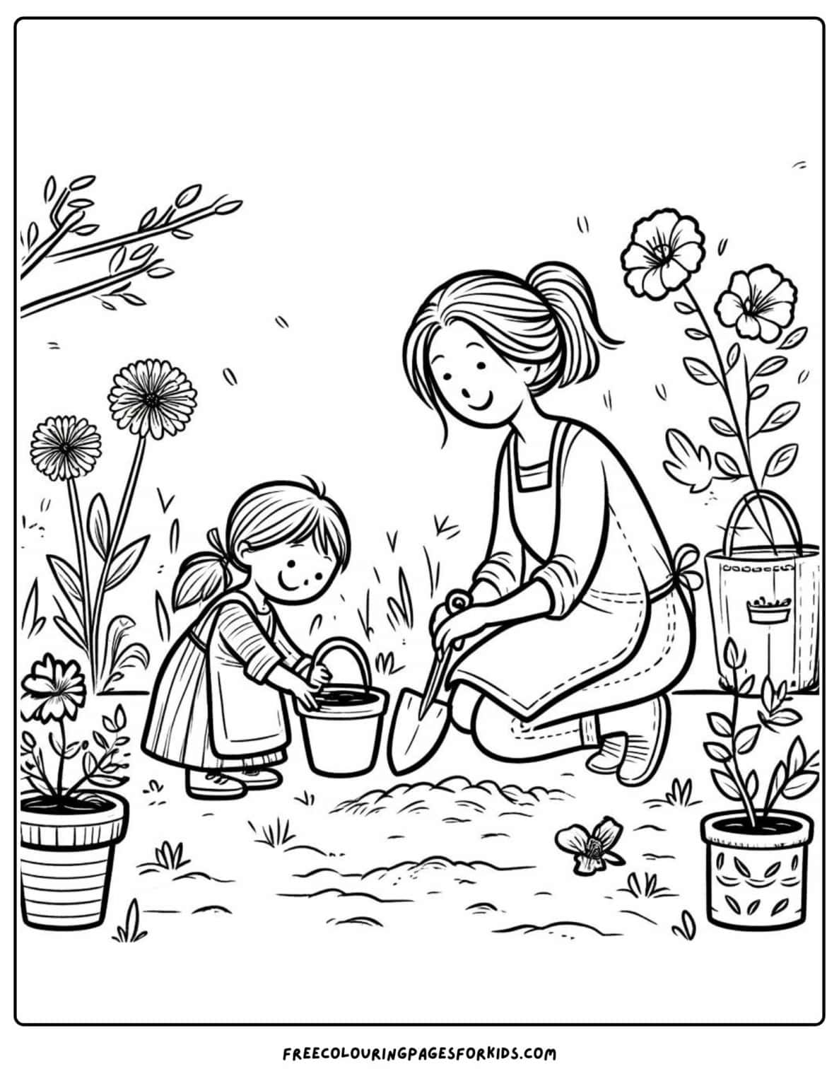 Planting Flowers with Mom - Coloring For Kids
