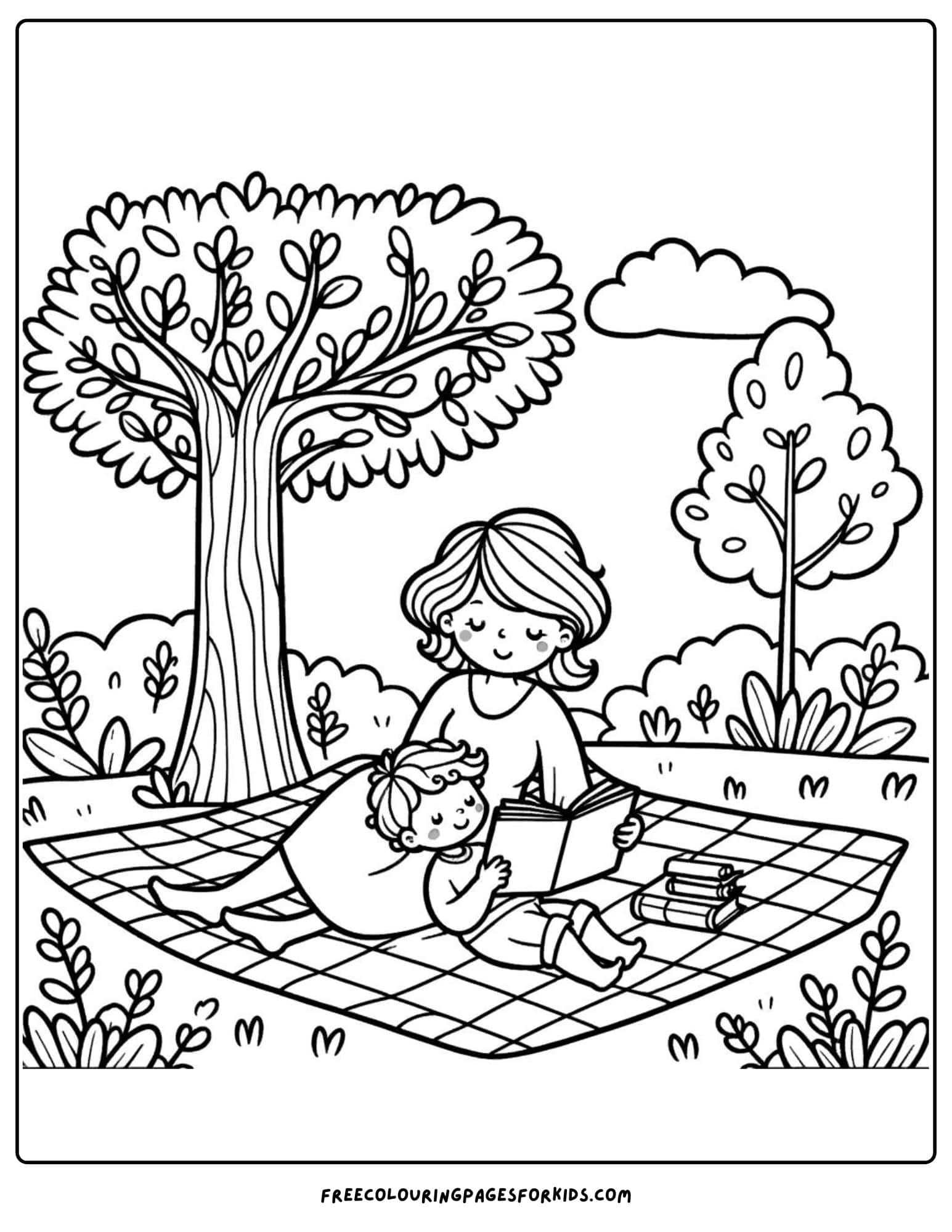 Reading Under a Tree with Mom coloring page