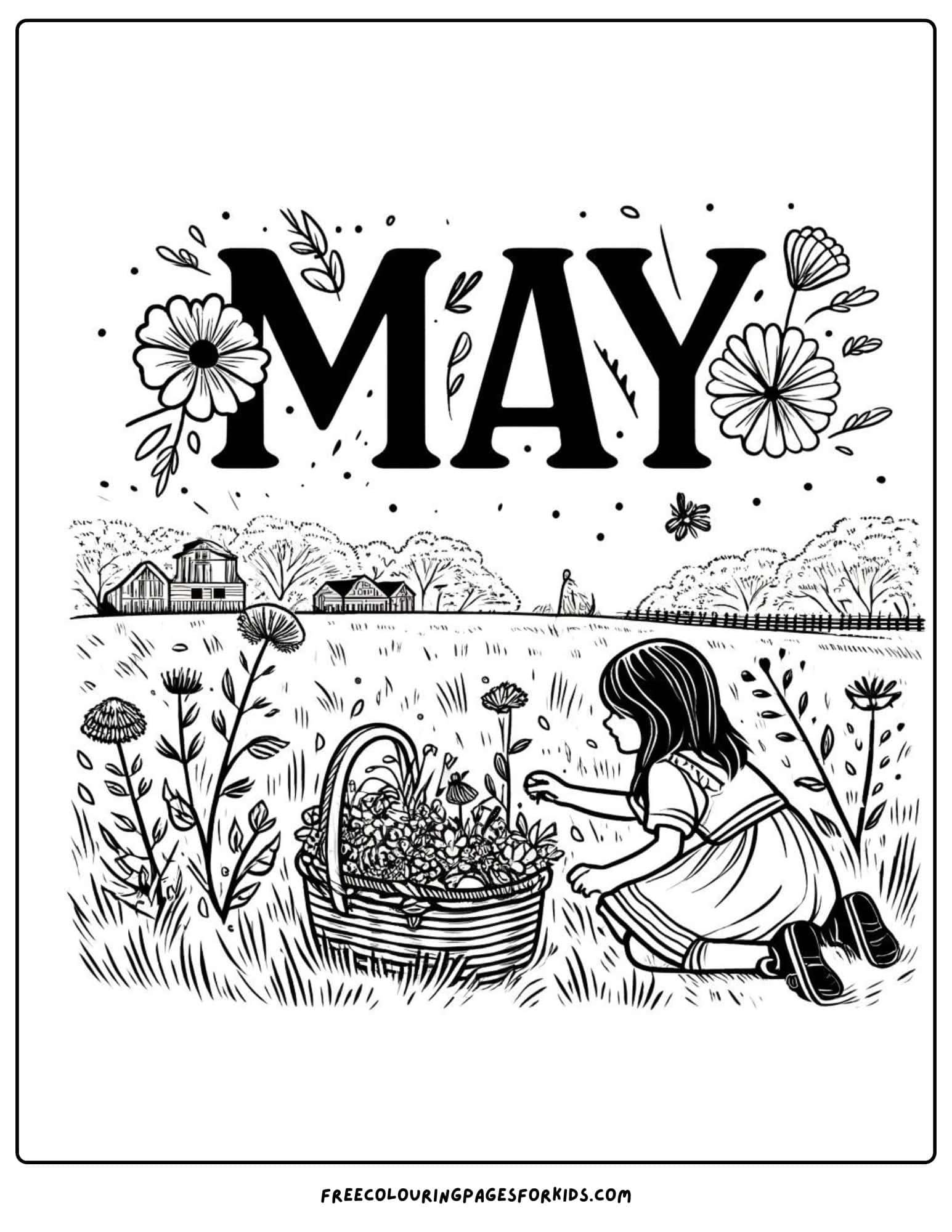 Picking wildflowers May Coloring Page