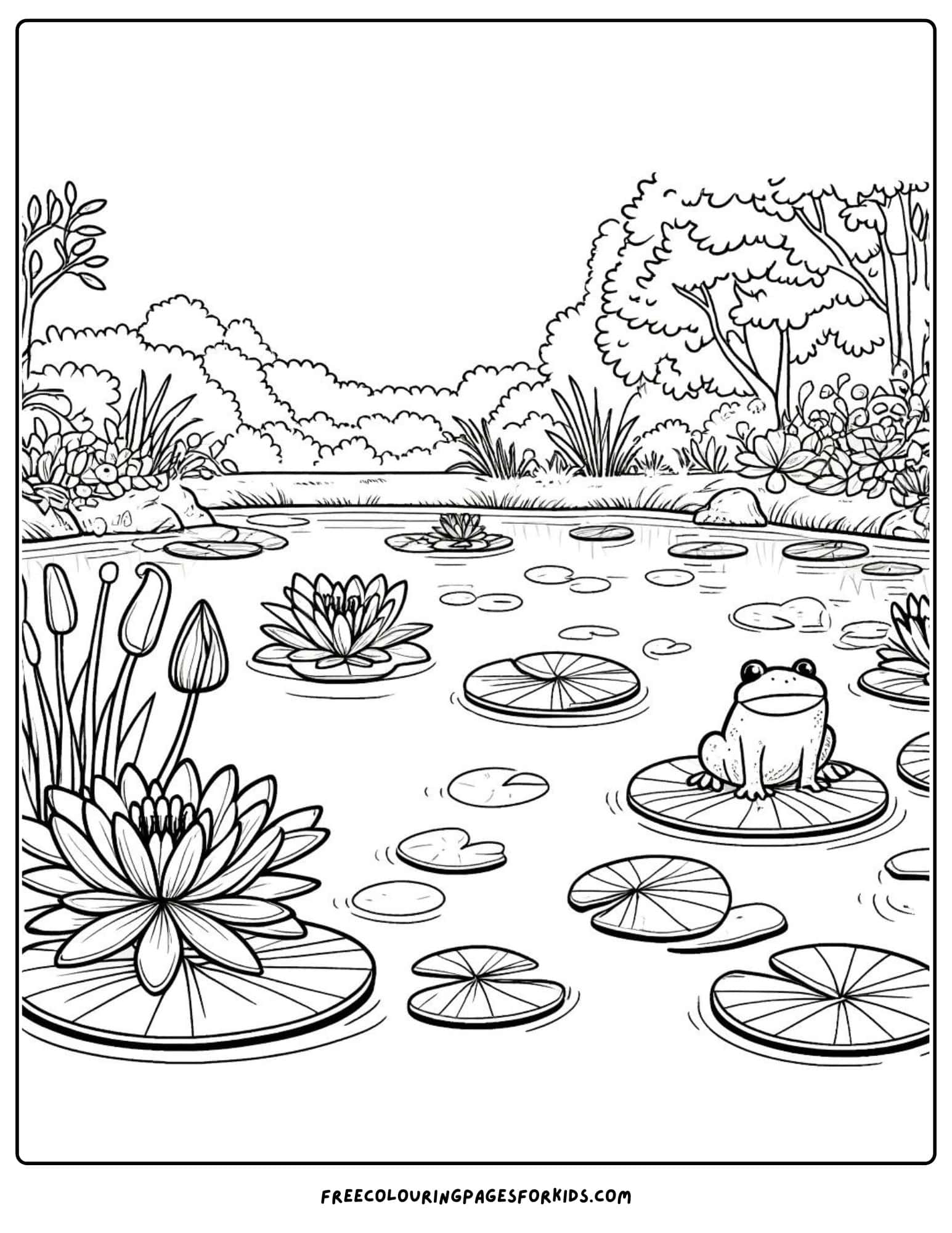 Pond Scene with Water Lilies Coloring Page