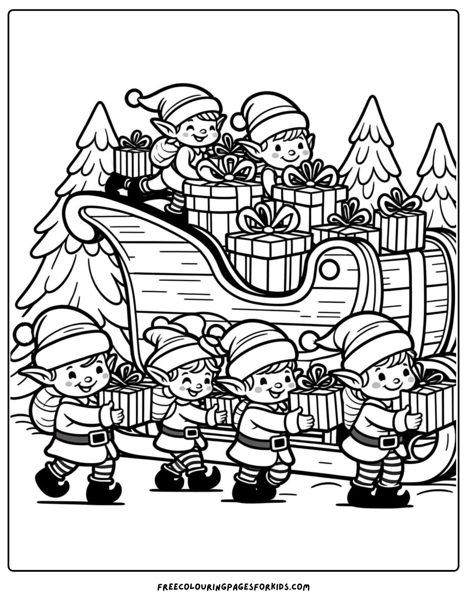 santa's elves loading the sleigh coloring page