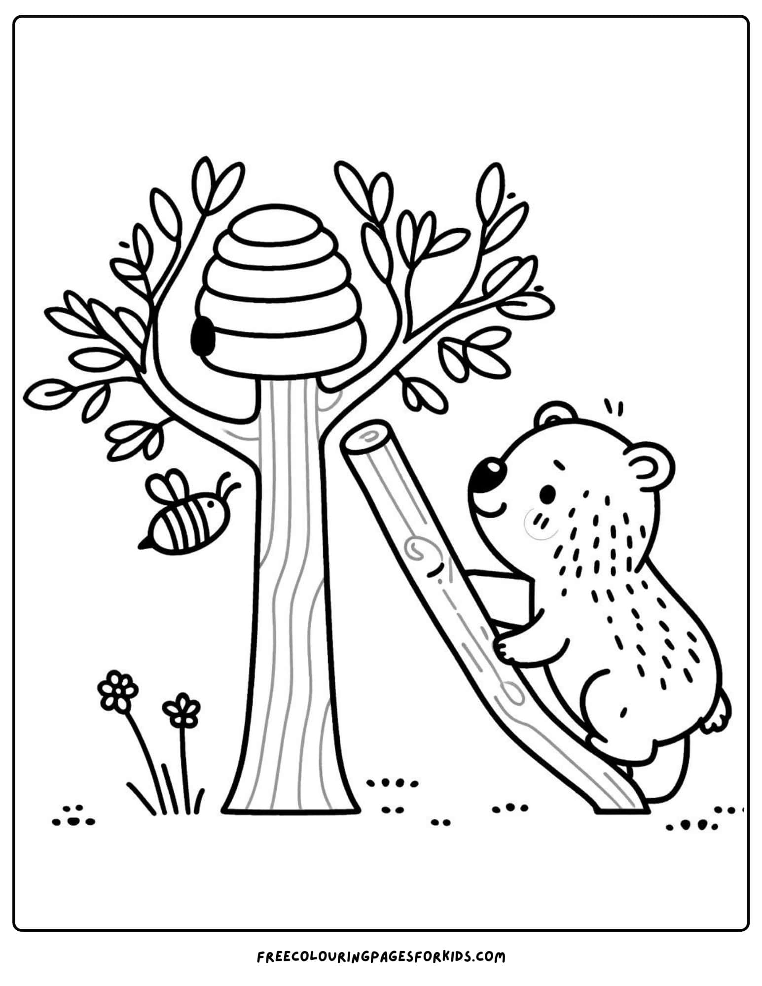 bear climbing a tree for honey coloring page