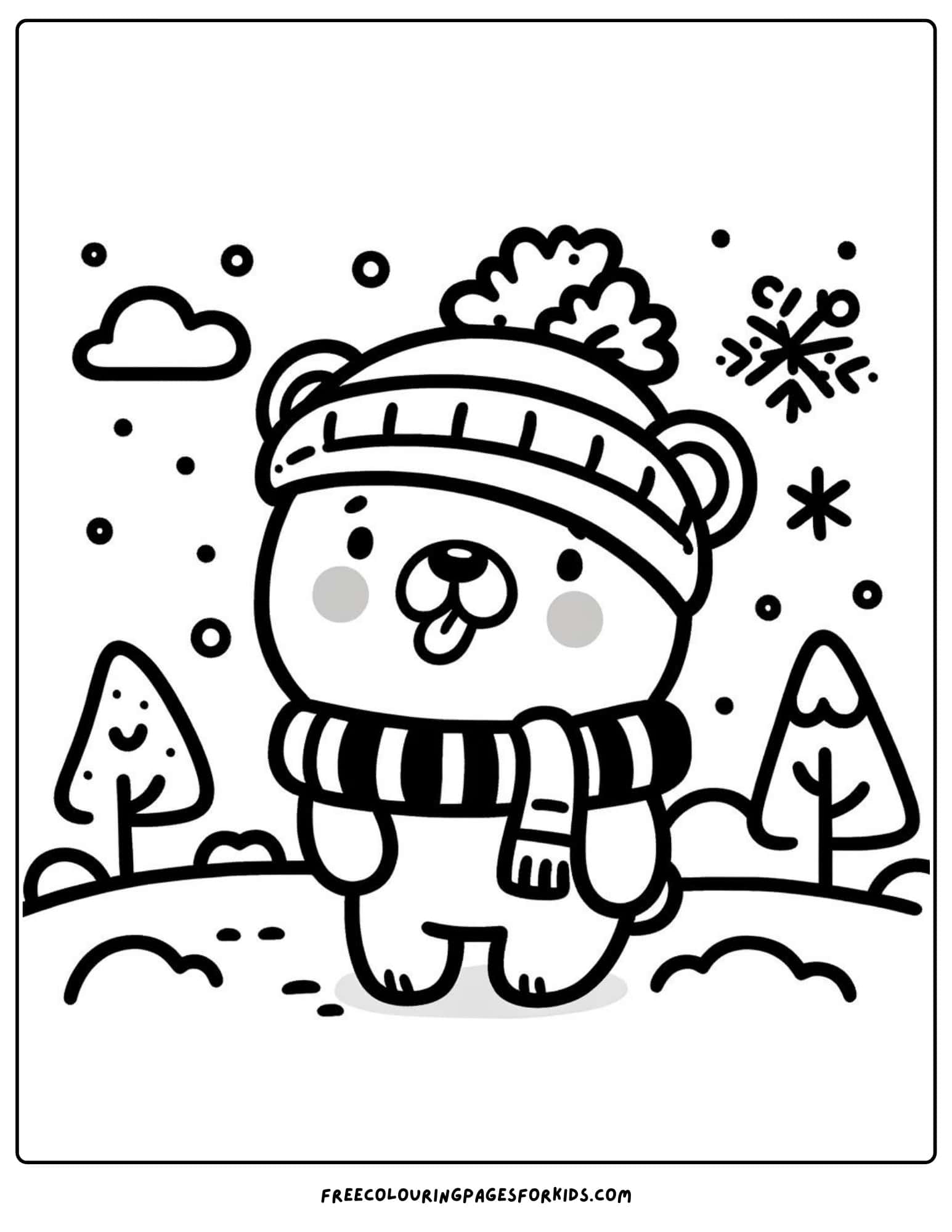 bear wearing a hat and scarf coloring page