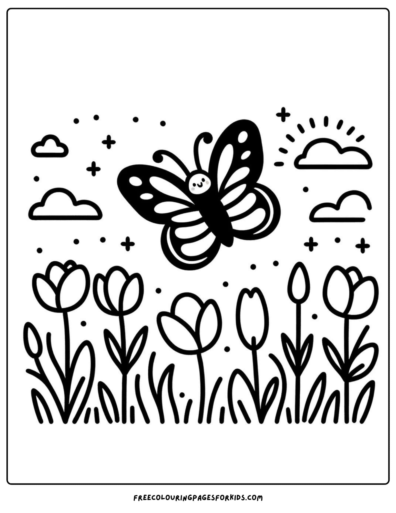 butterfly with tulips coloring page