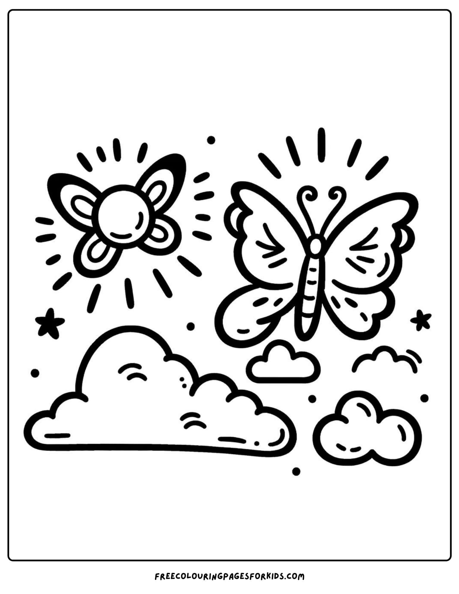 butterfly flying with sun and clouds coloring page