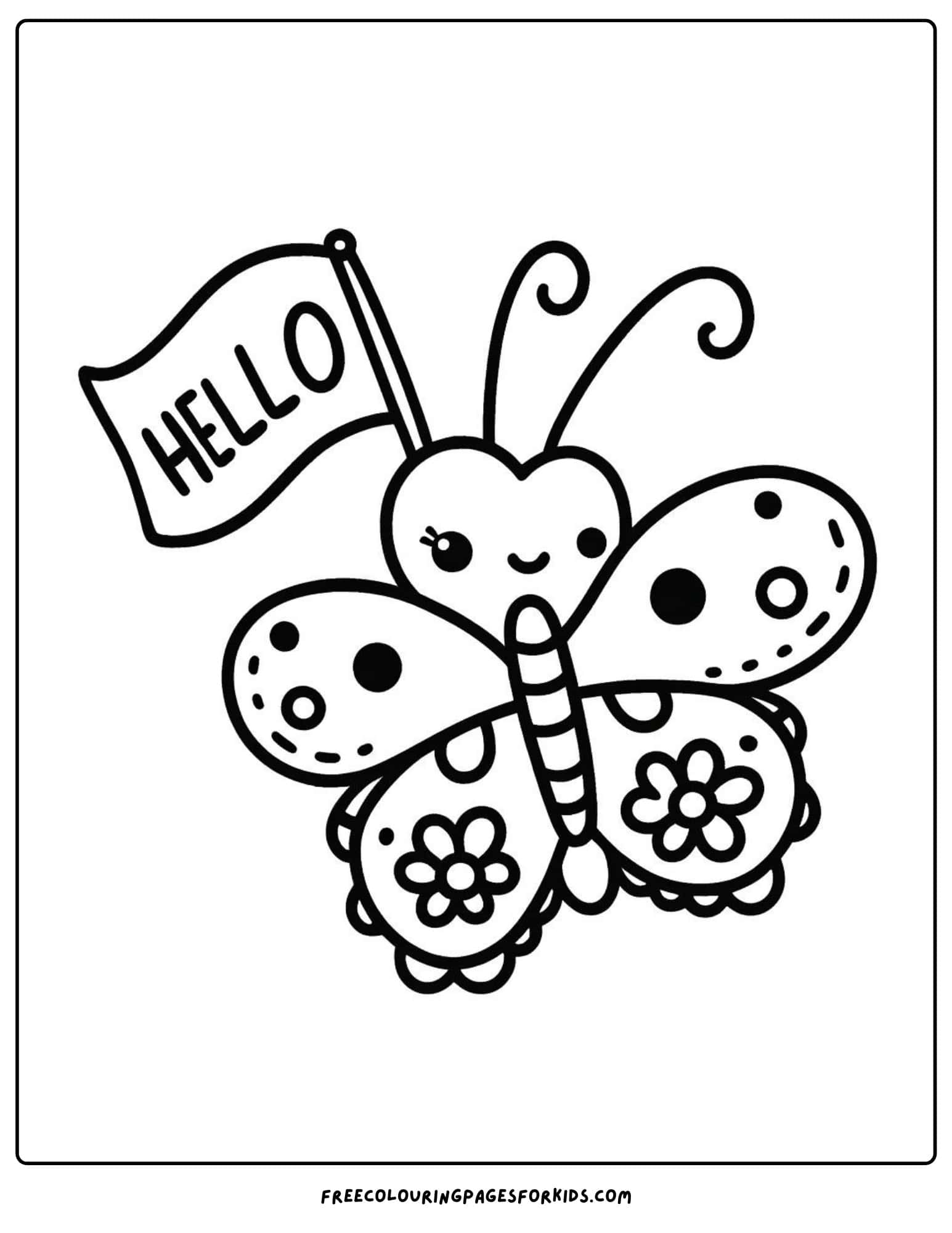 butterfly with hello flag coloring page