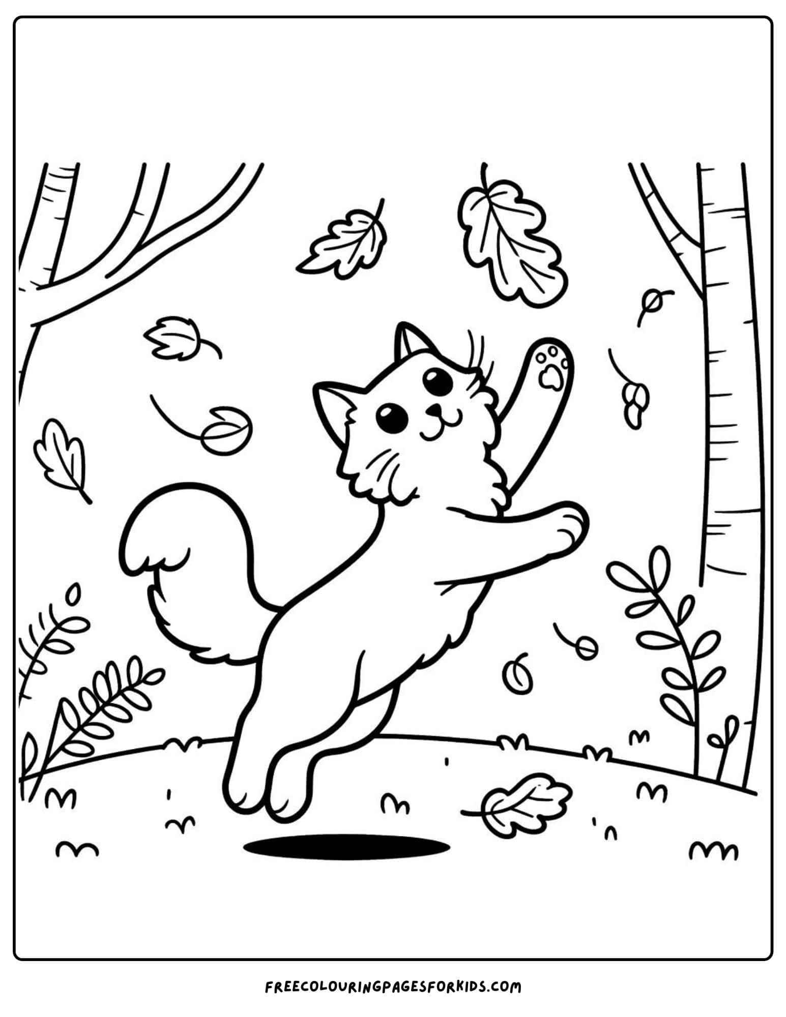 cat catching leaves coloring page