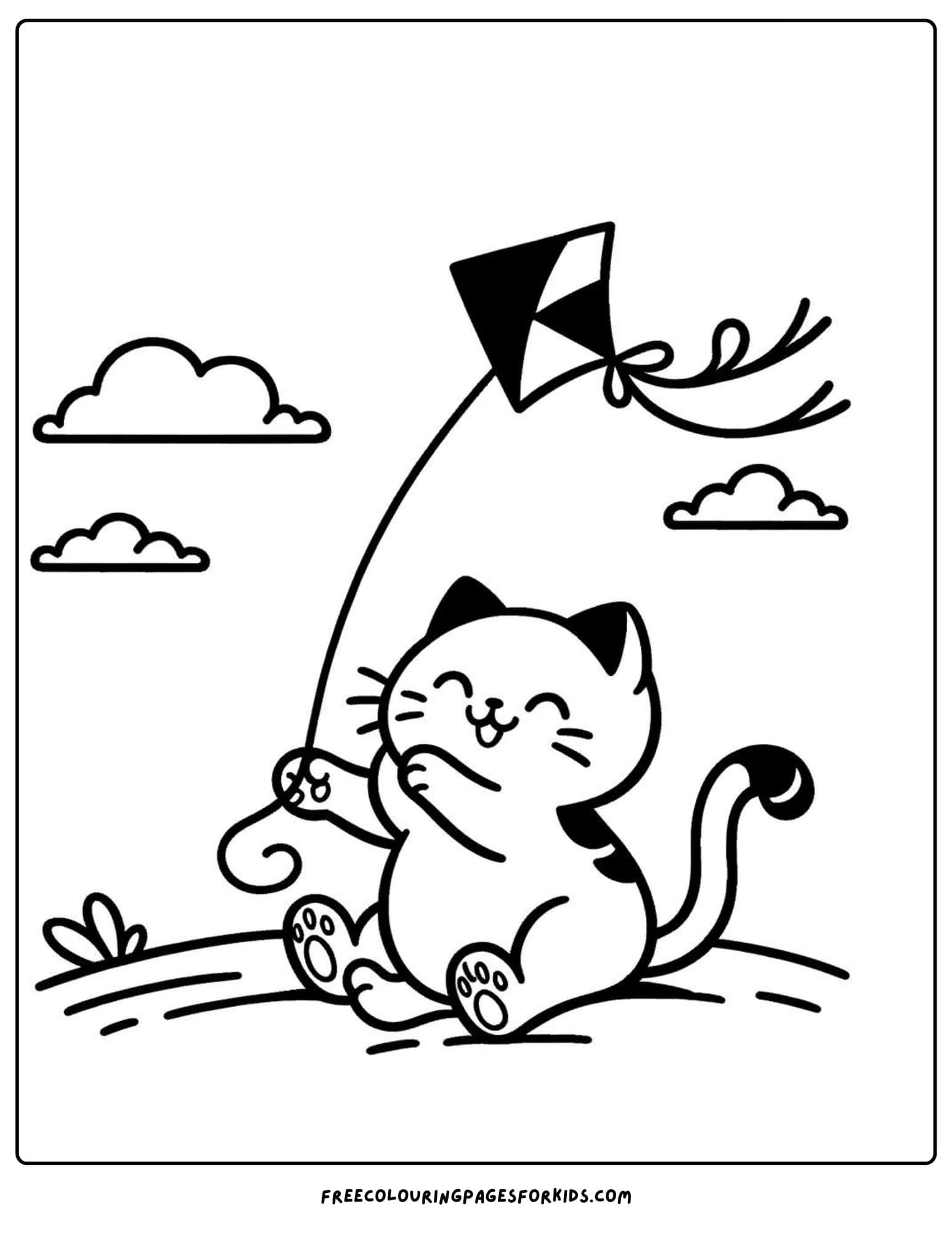 cat flying a kite coloring page