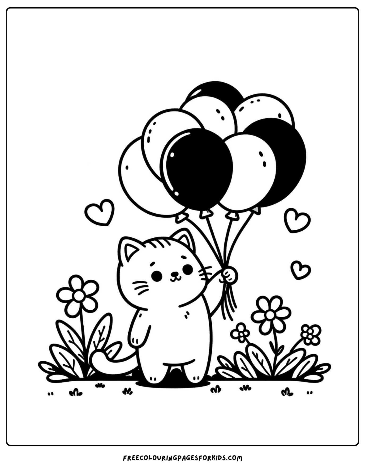 cat holding balloons coloring page