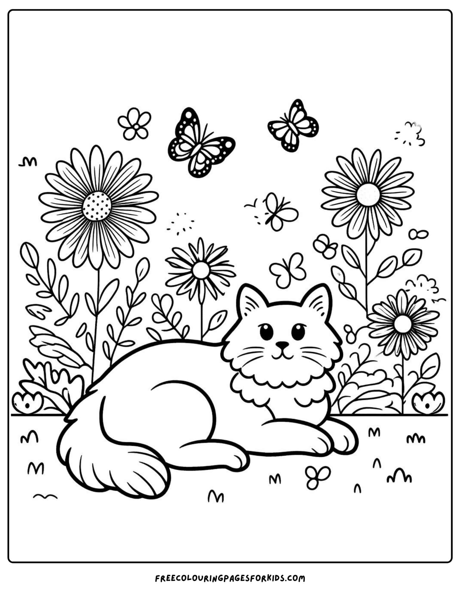 cat in a flower garden coloring page