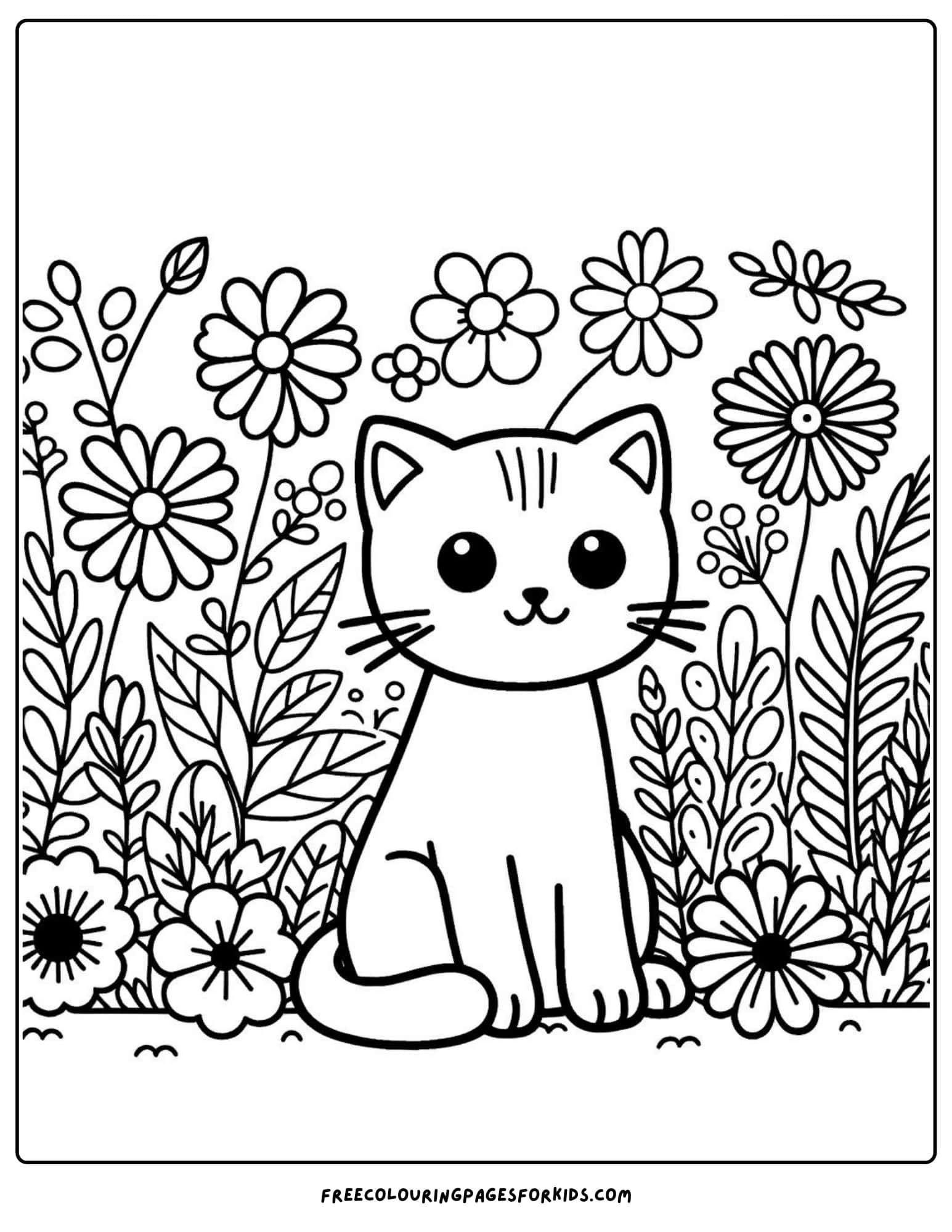 cat in a garden coloring page