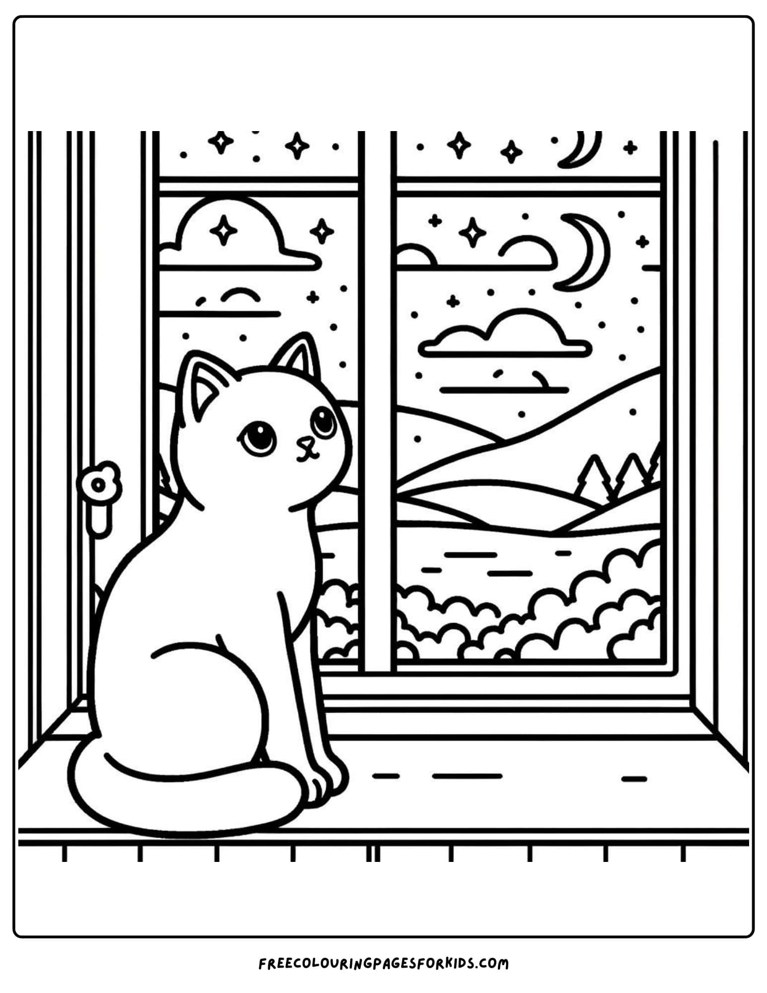 cat looking out a window coloring page