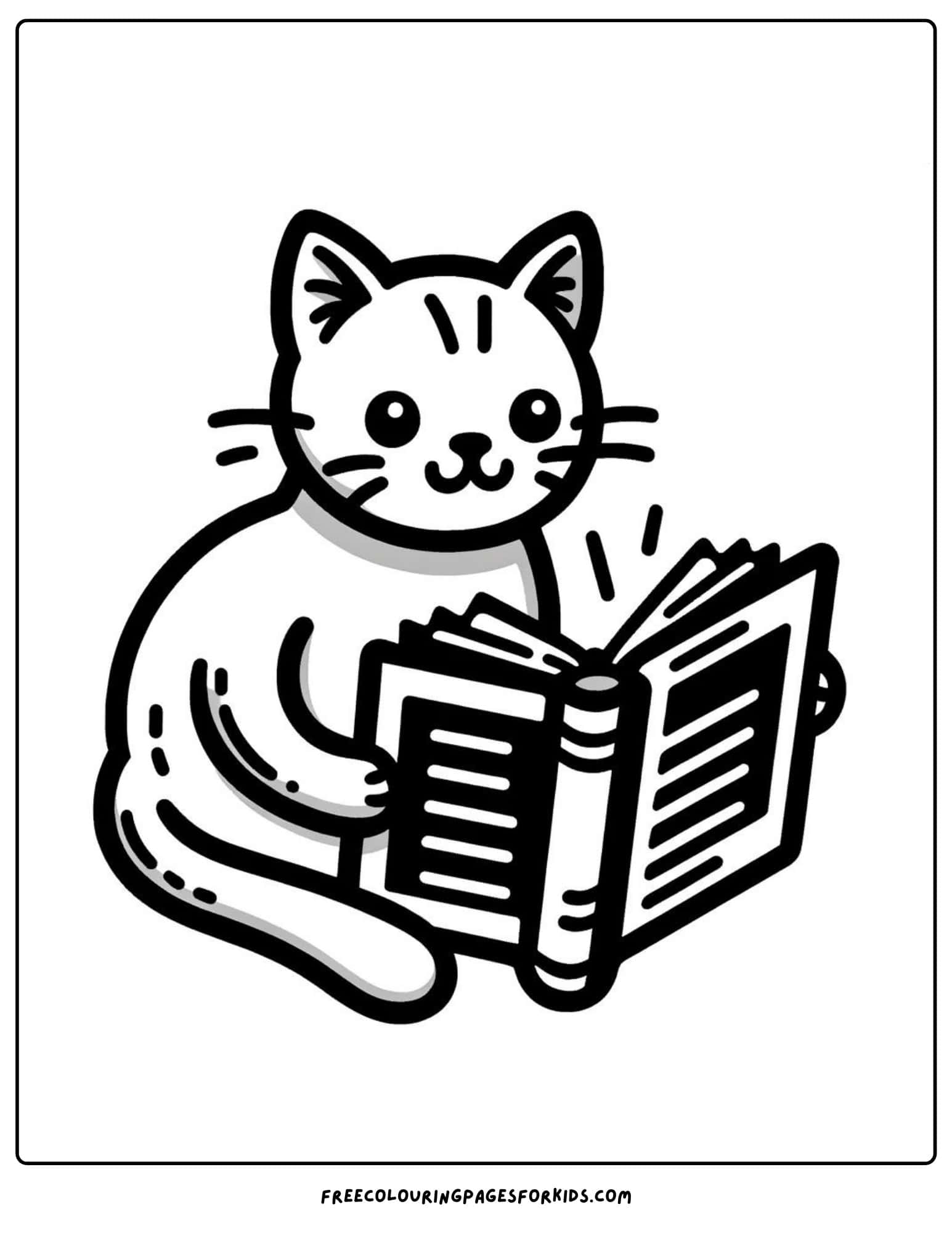 cat reading coloring page