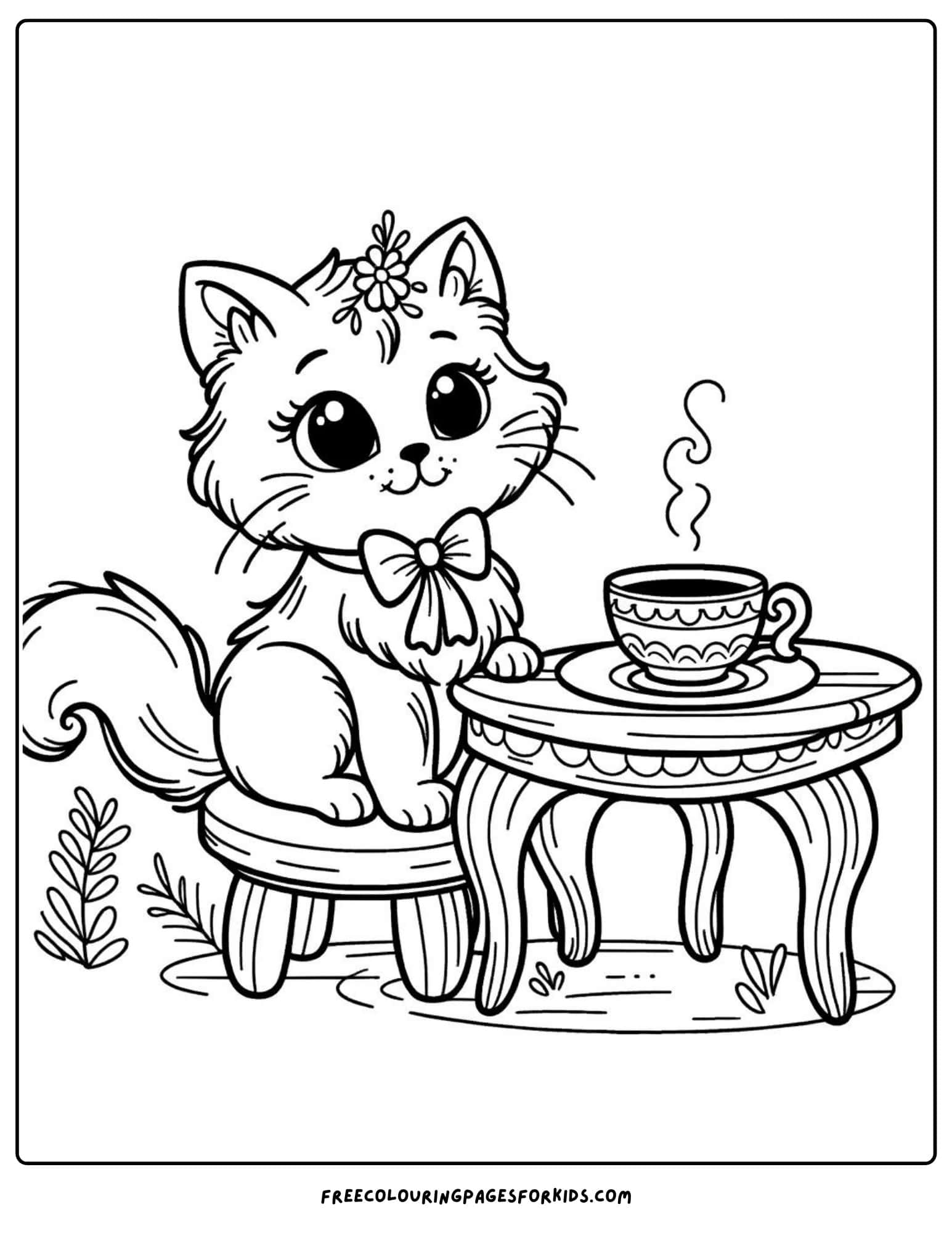 cat tea party coloring page