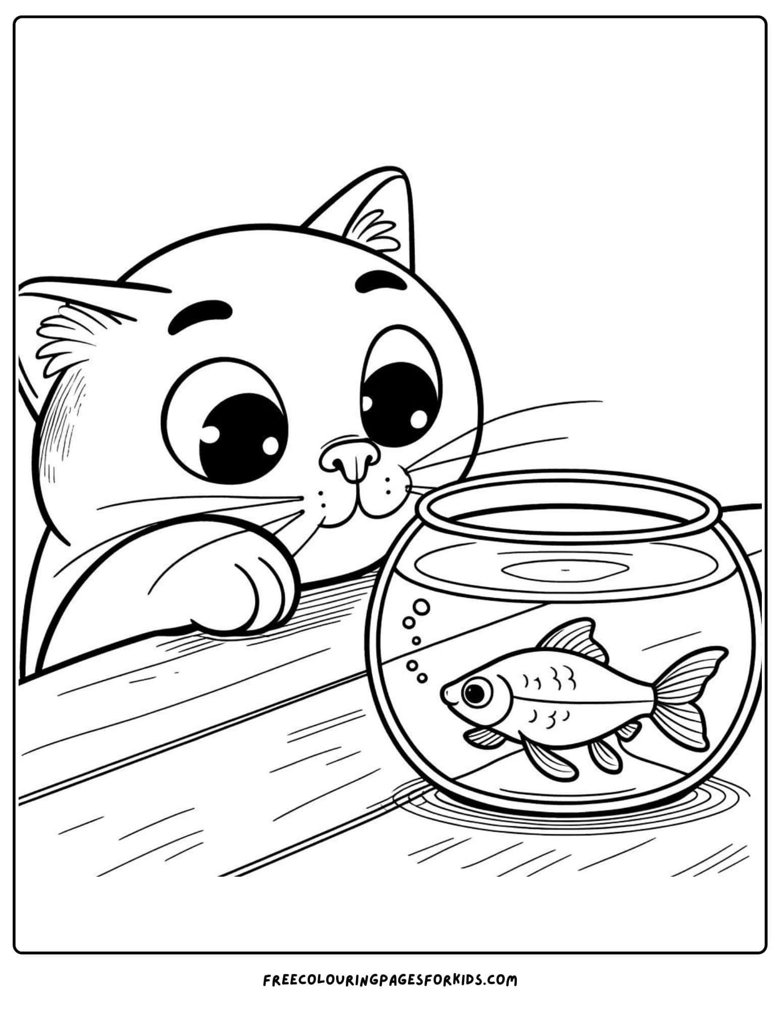 cat and a fish bowl coloring page