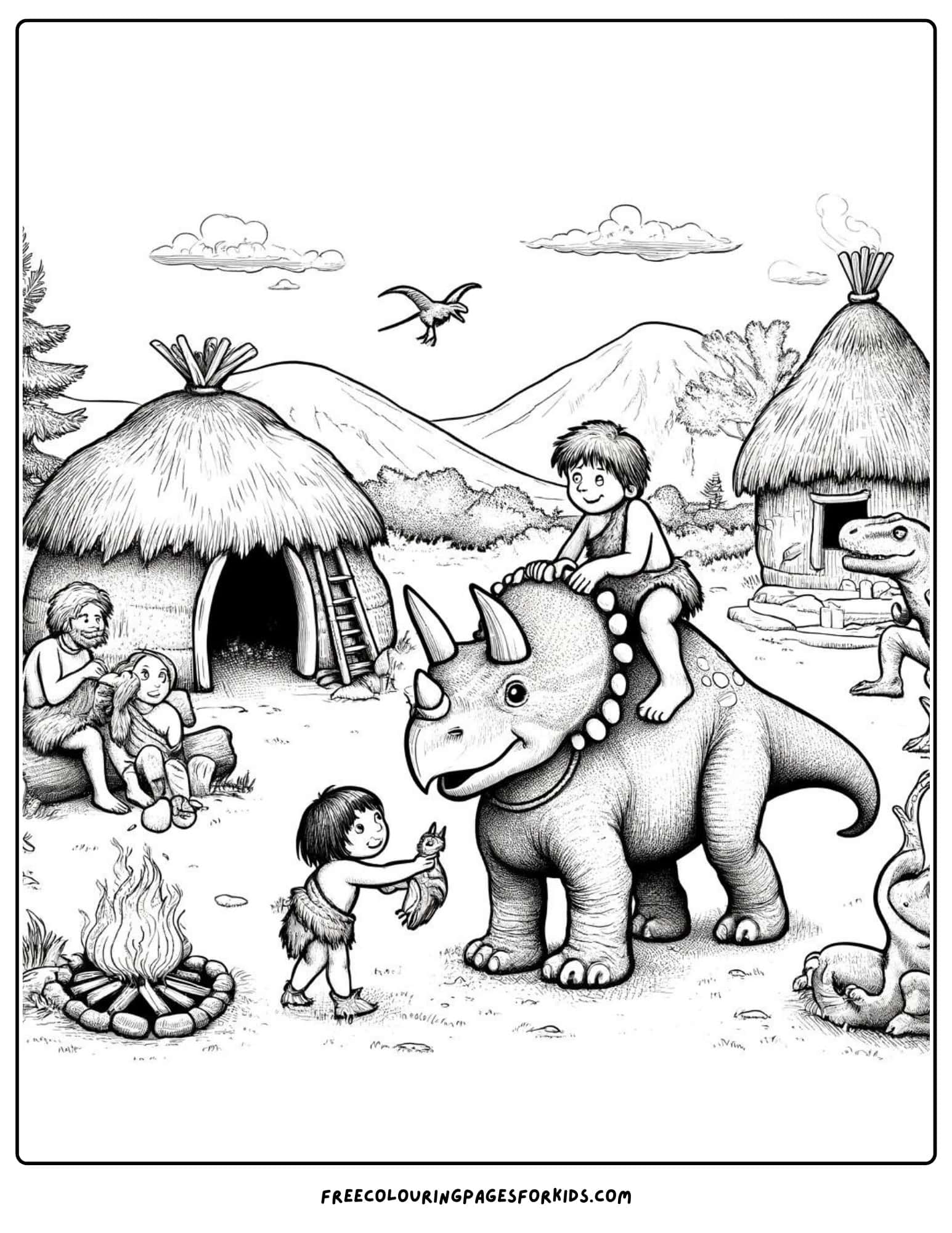 dinosaur and caveman coloring page