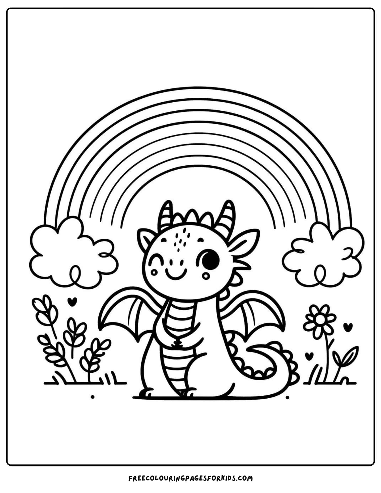 dragon under a rainbow coloring page