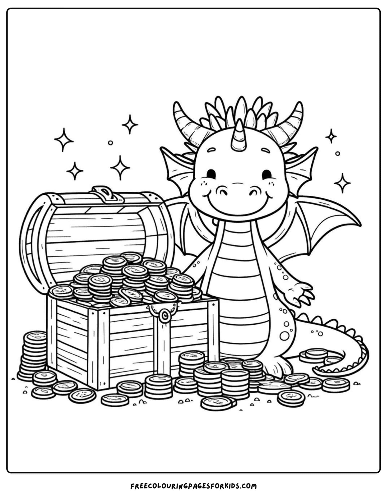 dragon with a treasure chest coloring page