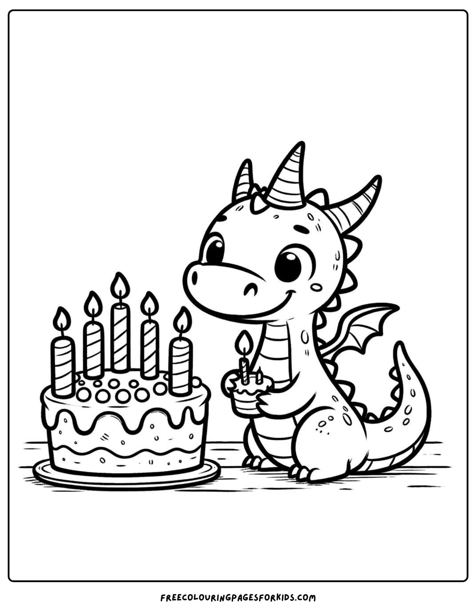 dragon with a birthday cake coloring page