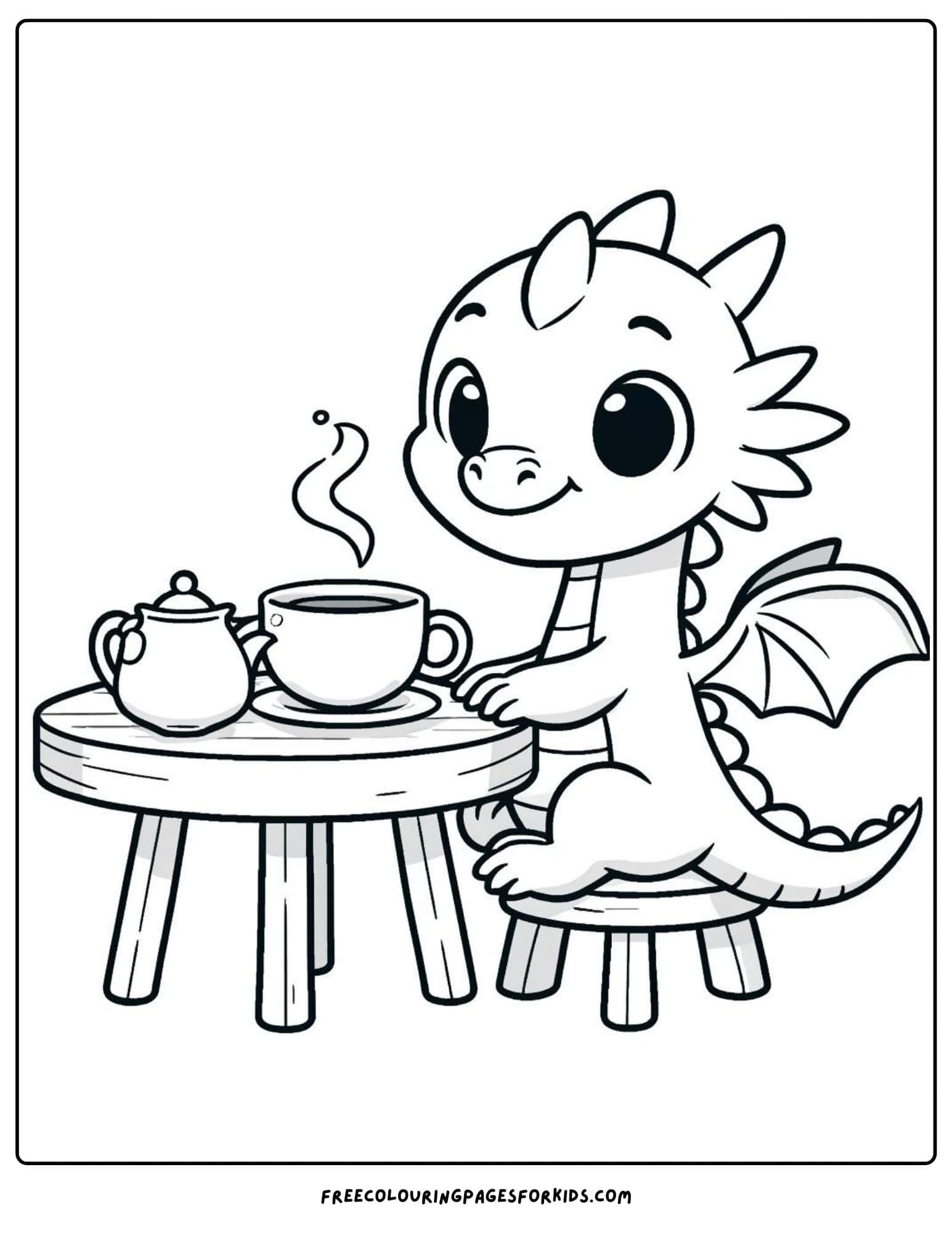 dragon having tea coloring page