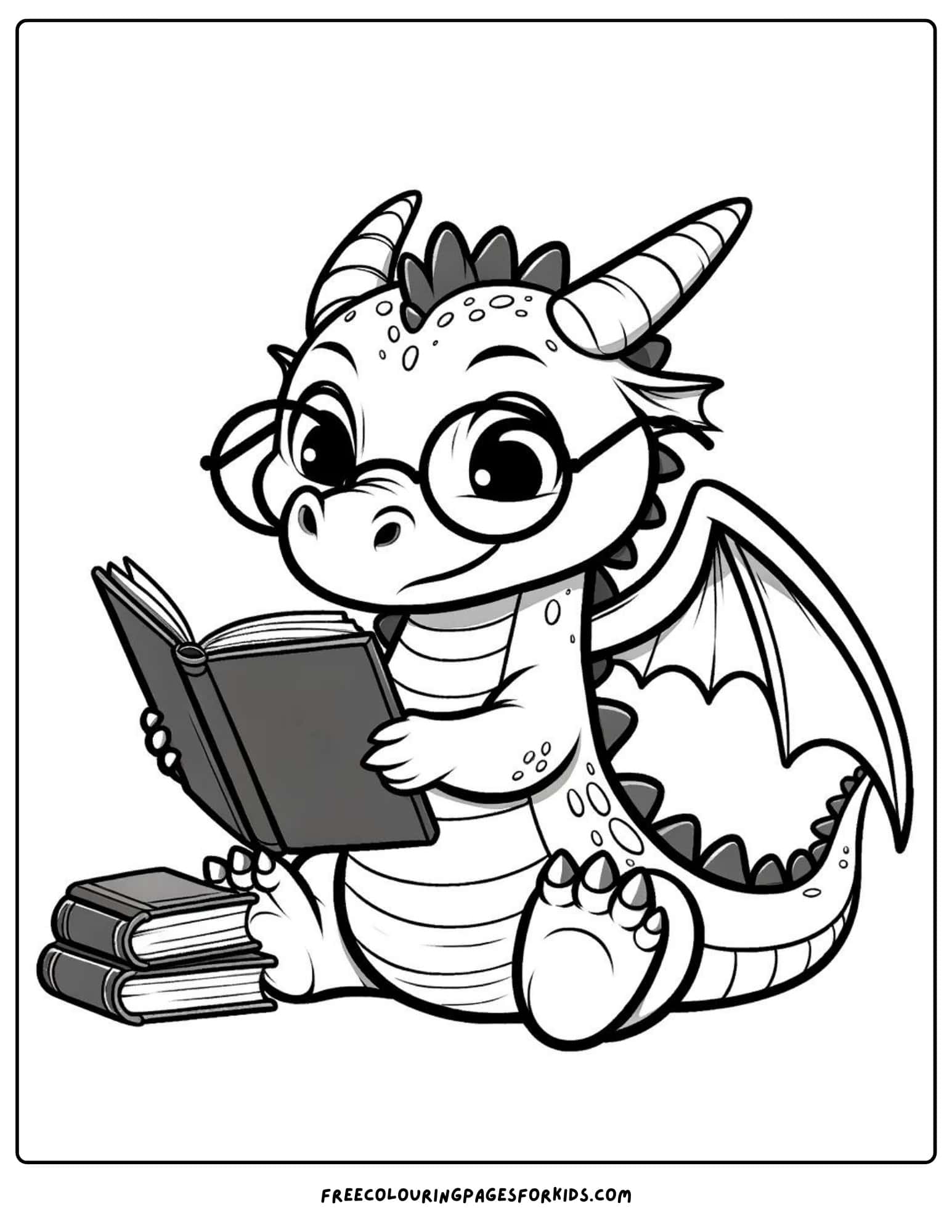 dragon reading a book coloring page