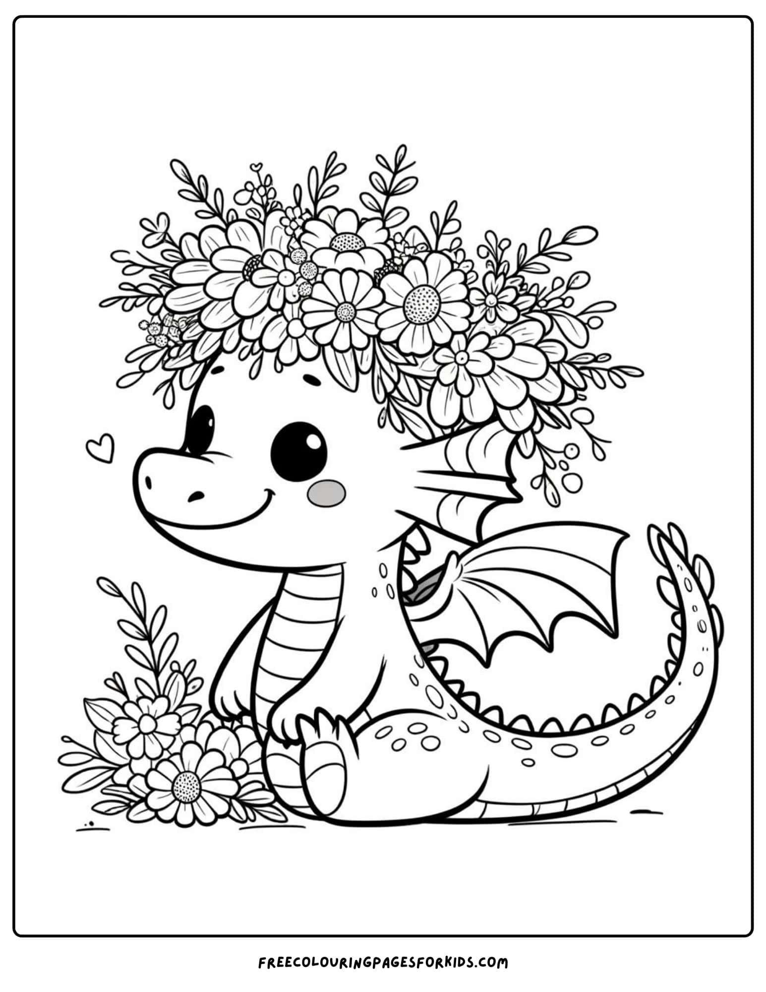 dragon with a flower crown coloring page