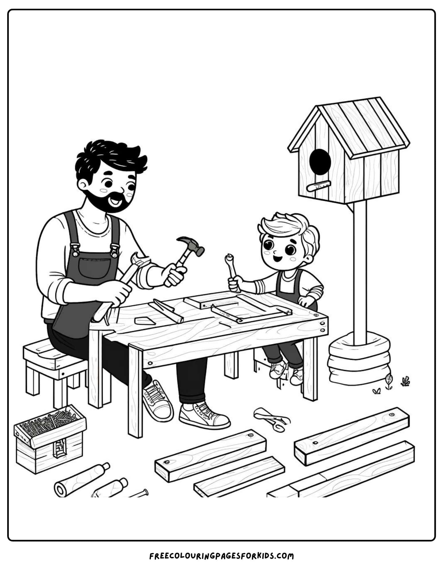 happy fathers day building a birdhouse with dad coloring page printable