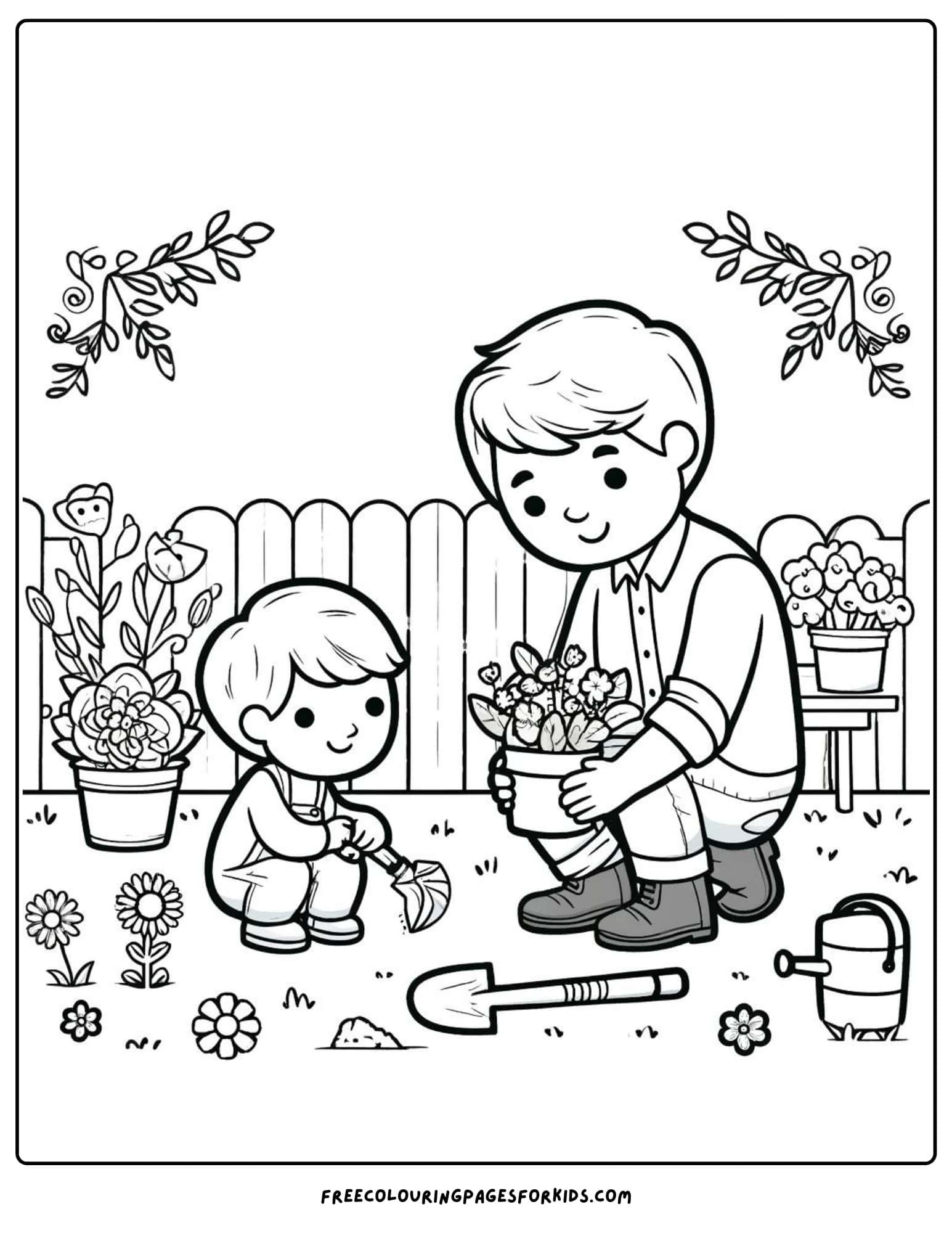 happy fathers day gardening with dad coloring page printable