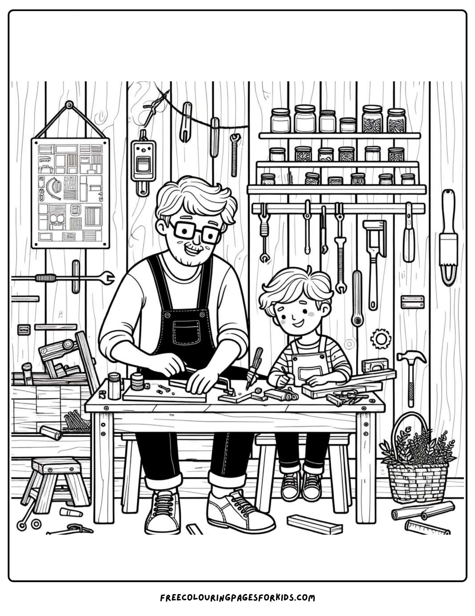 happy fathers day in the workshop coloring page printable