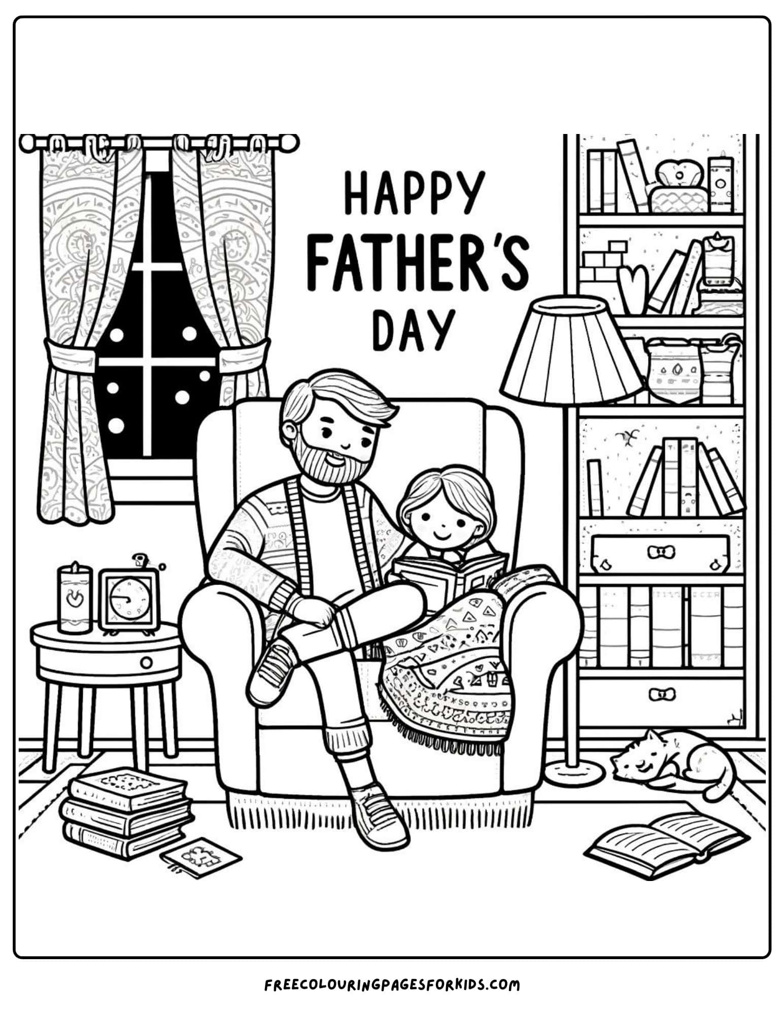 happy fathers day reading with dad coloring page printable