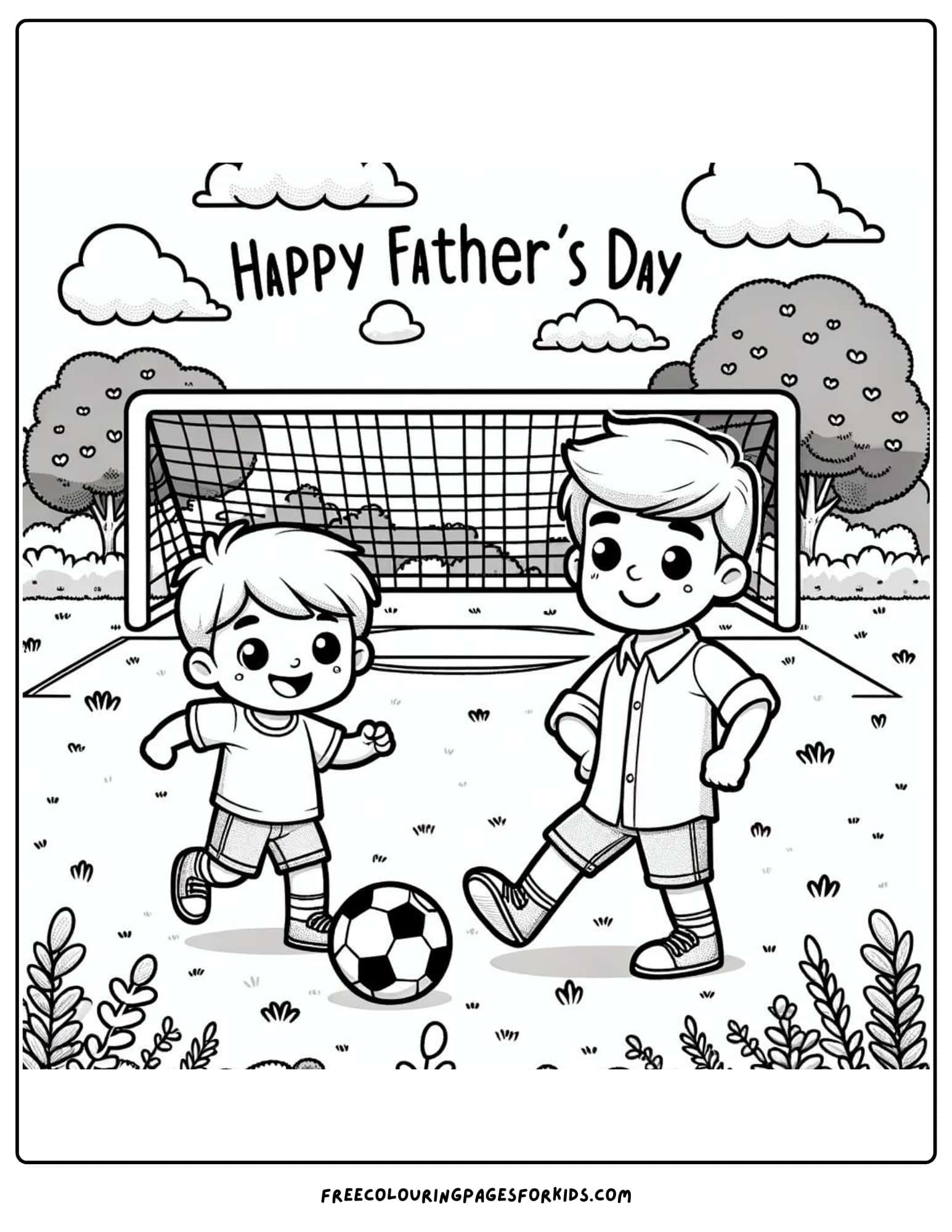 happy fathers day playing soccer with dad coloring page printable