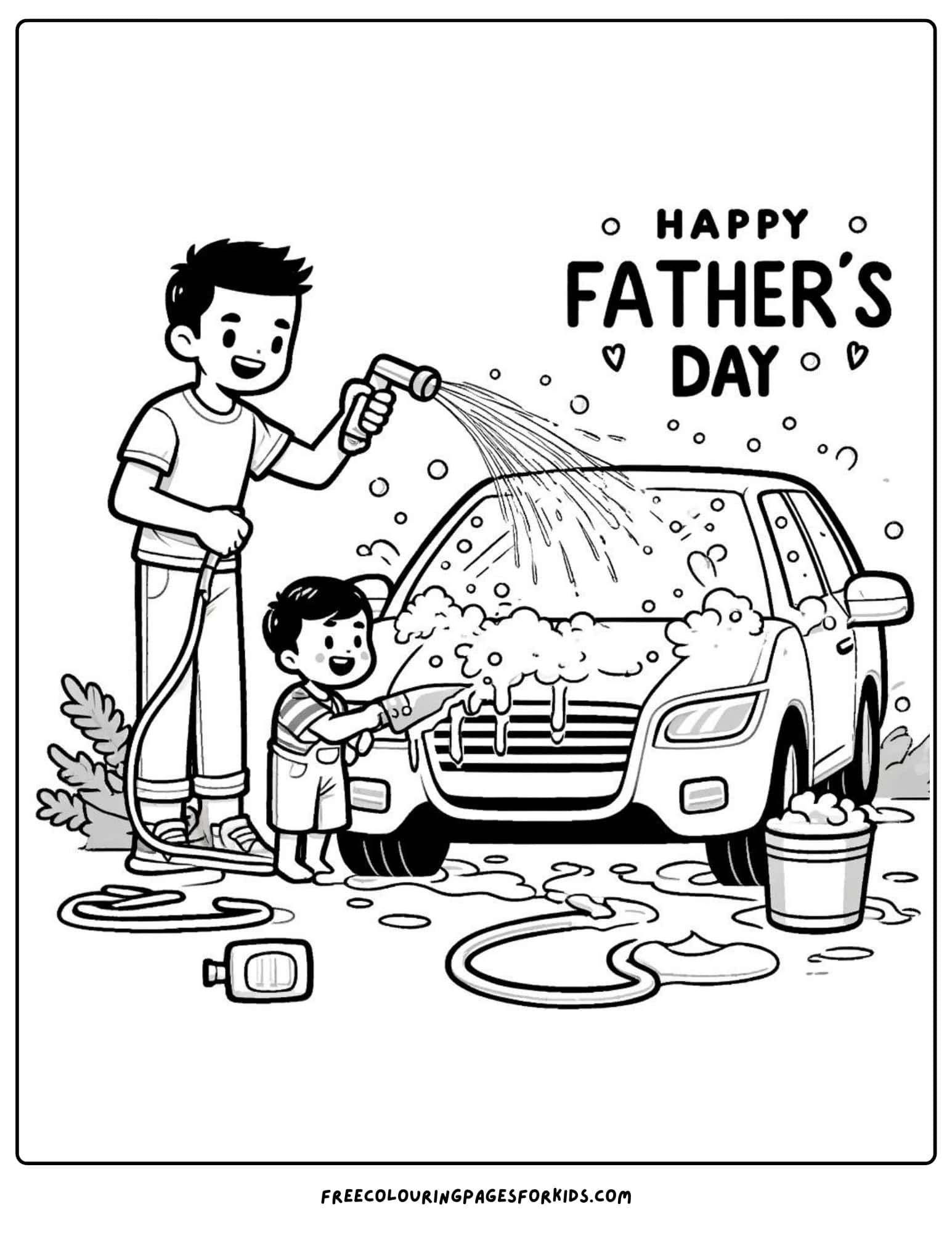 happy fathers day washing the car with dad coloring page printable