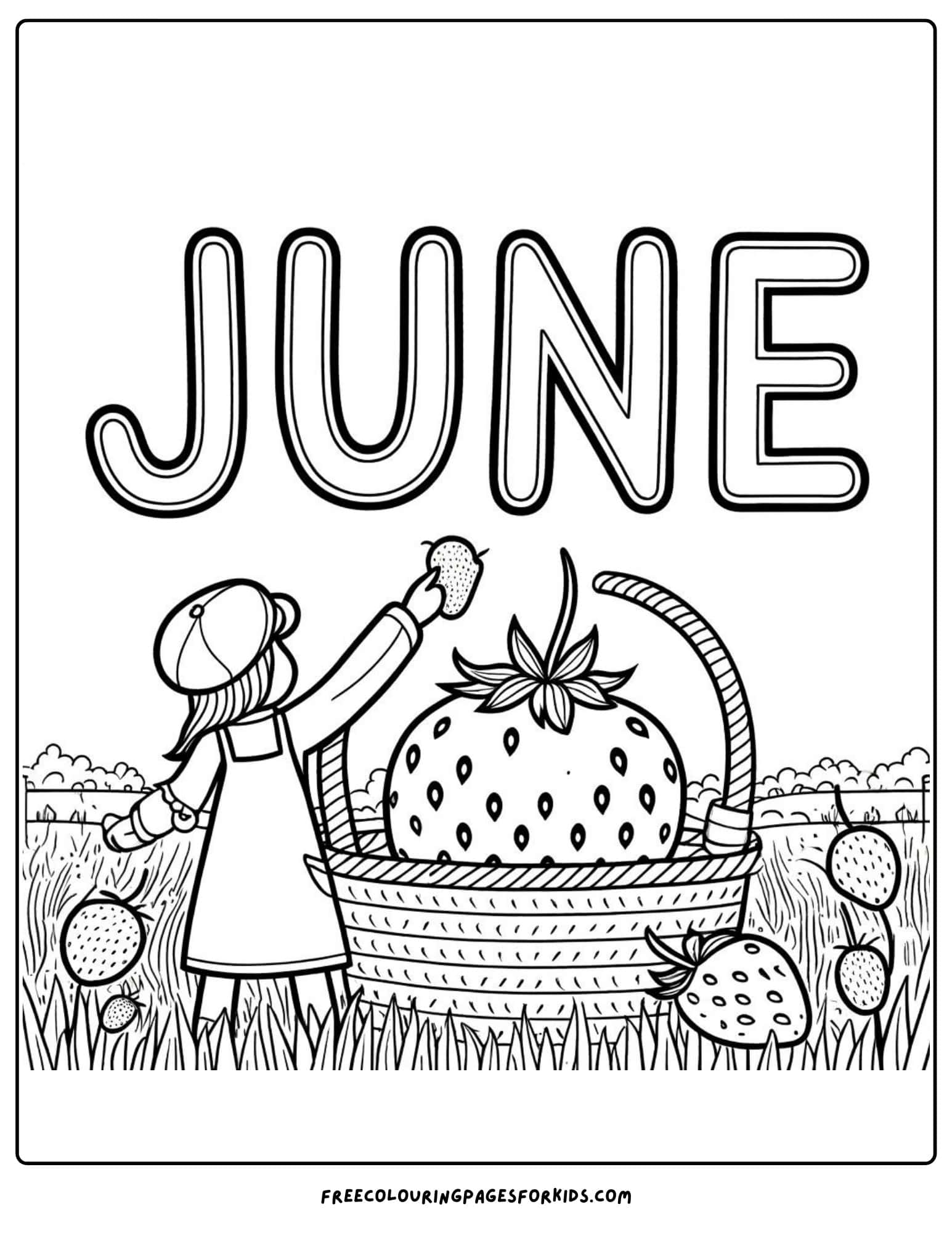 june strawberry picking coloring page