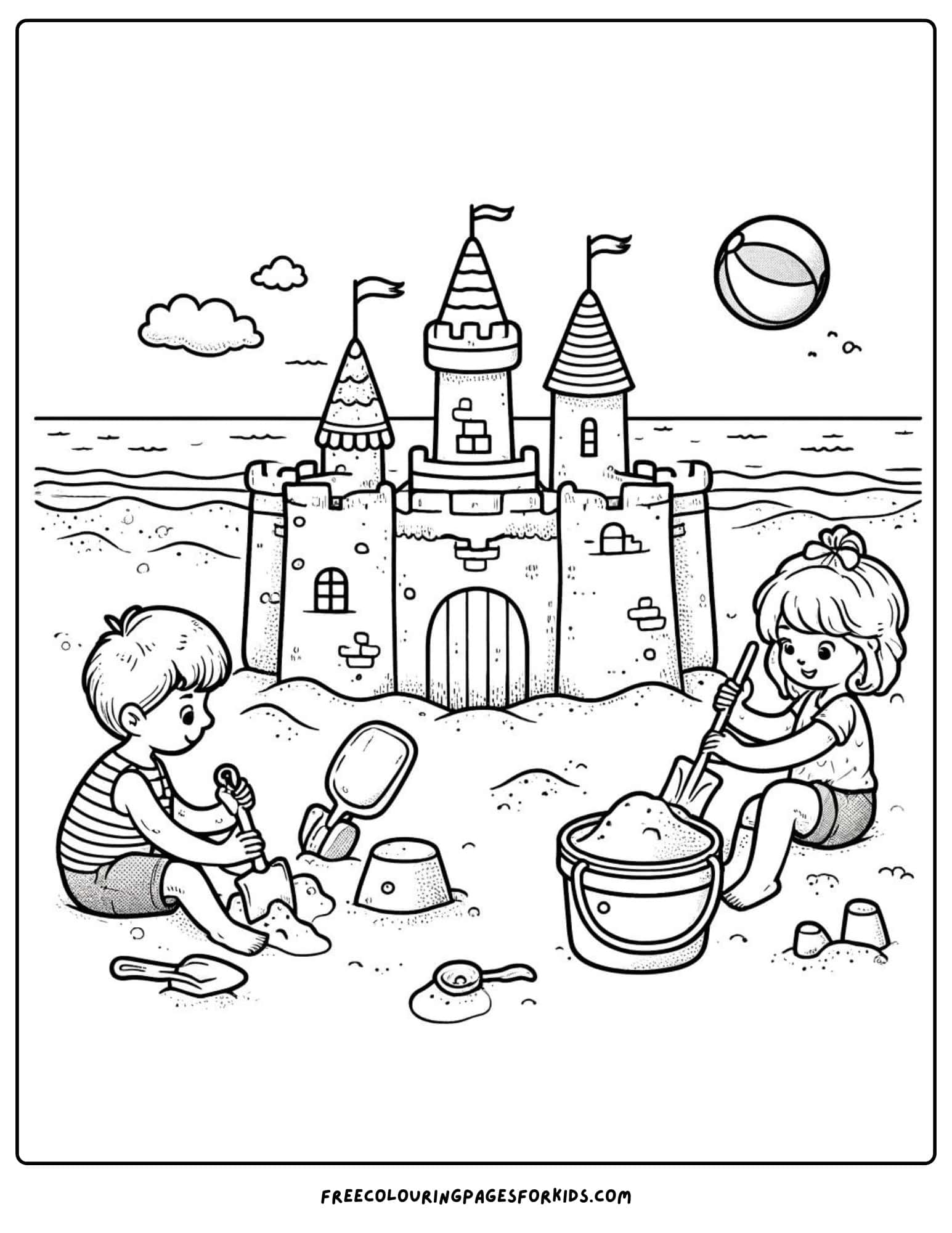 Kids Building a Sandcastle Coloring Page
