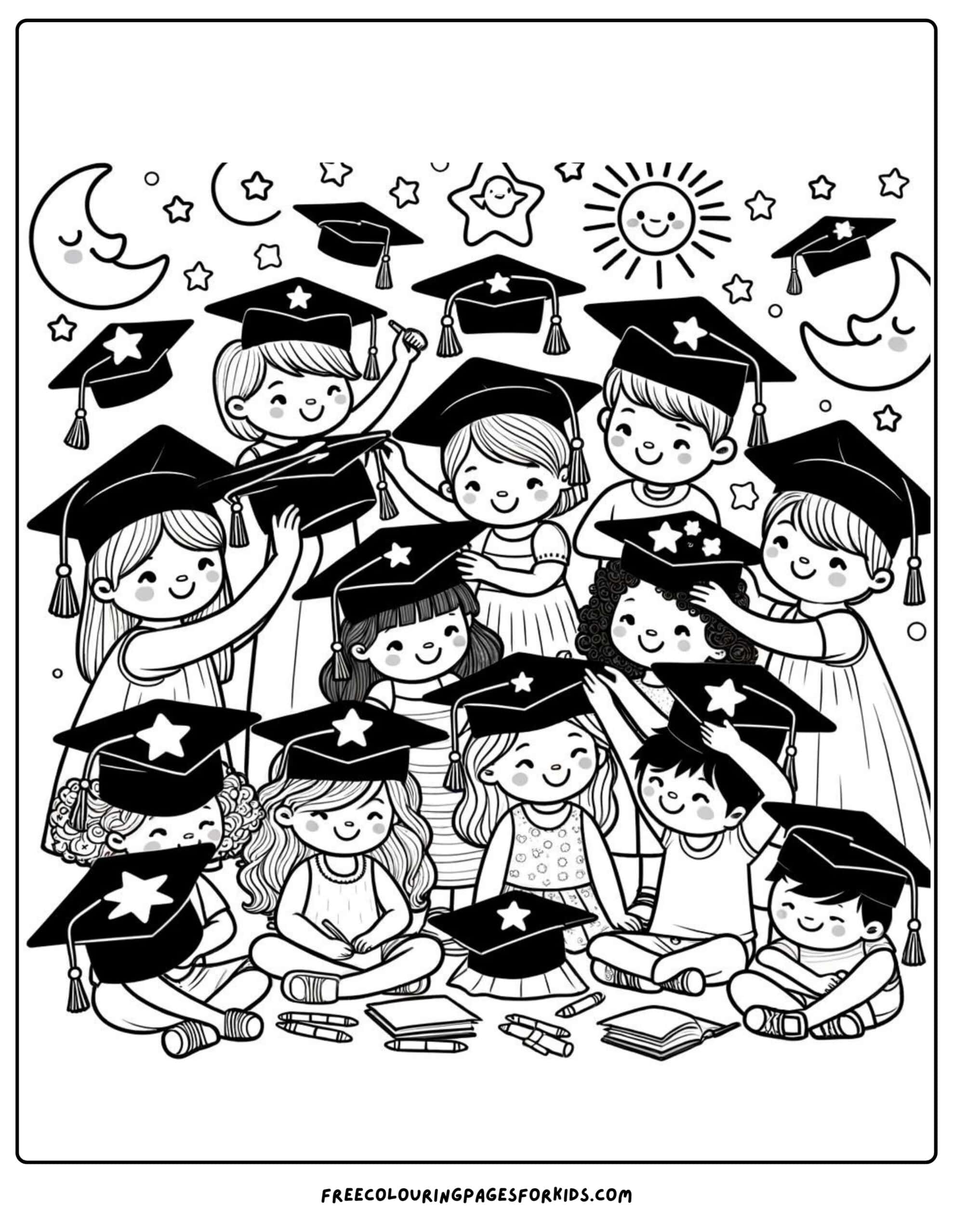 kids decorating graduation day hats coloring page