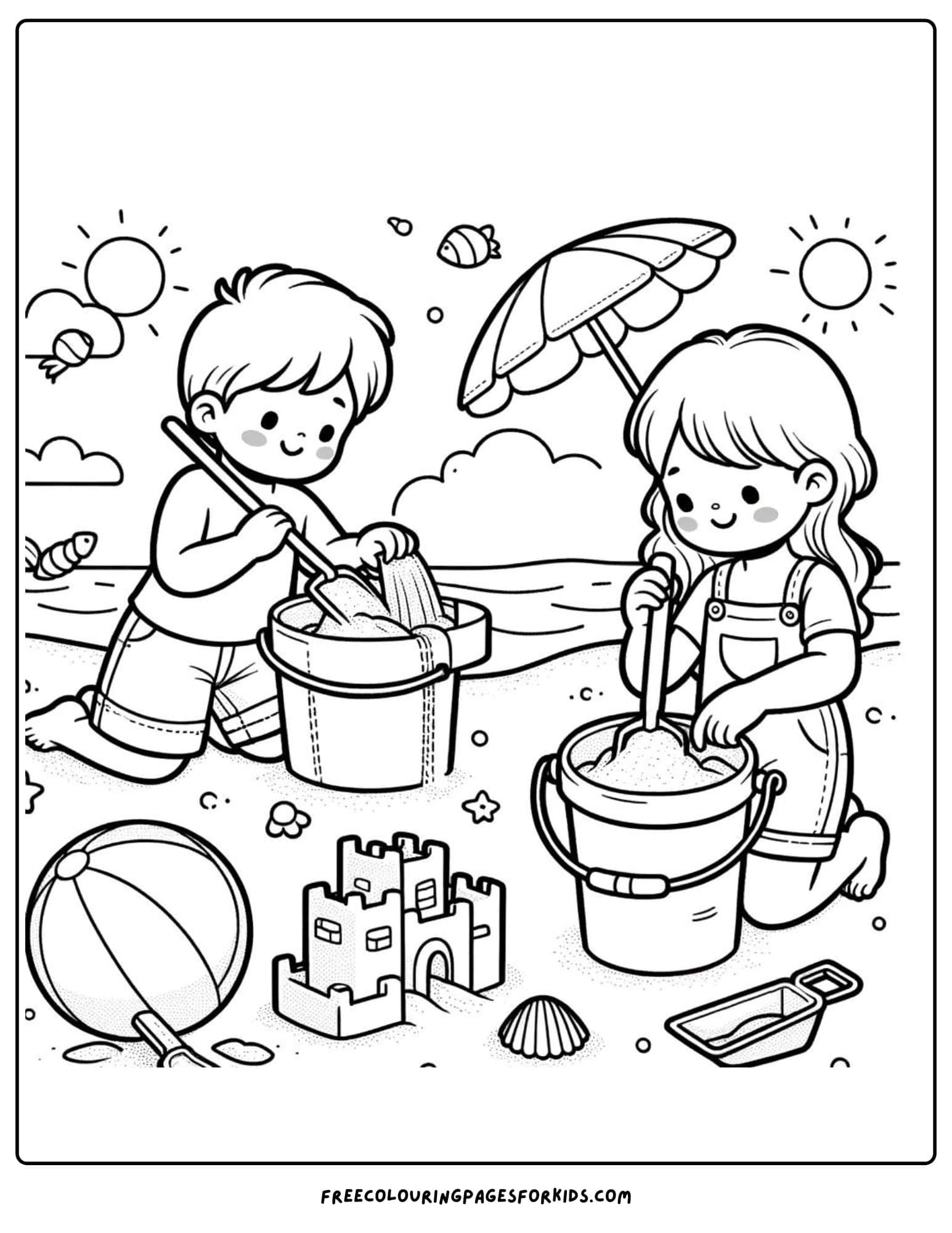 kids scooping sand into buckets coloring page