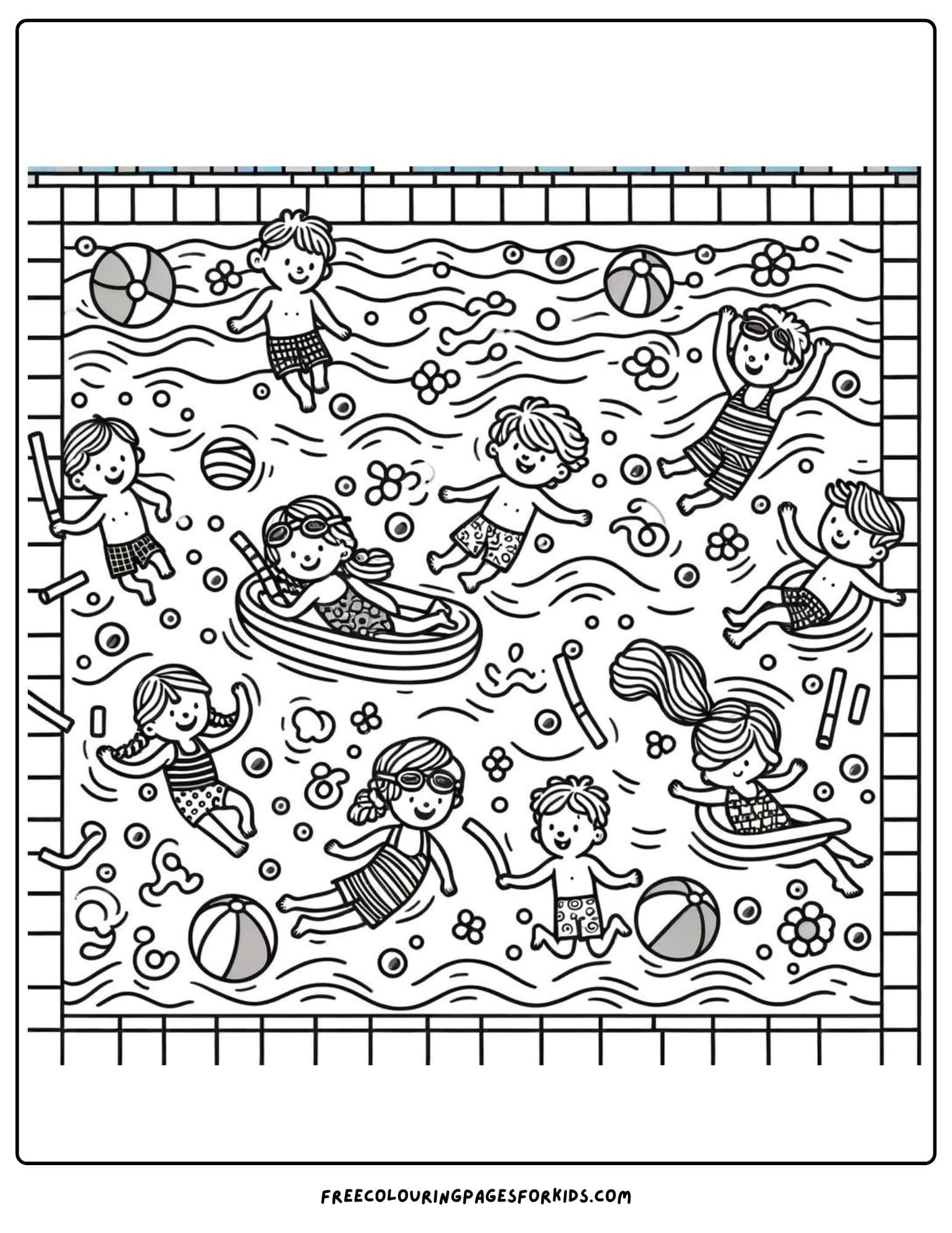 kids swimming in a pool coloring page