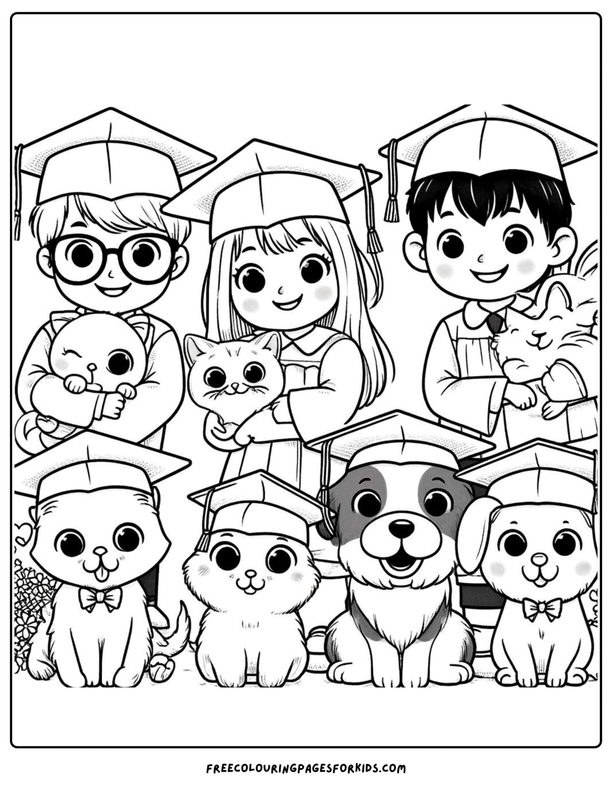 kindergarten graduation with pets coloring page