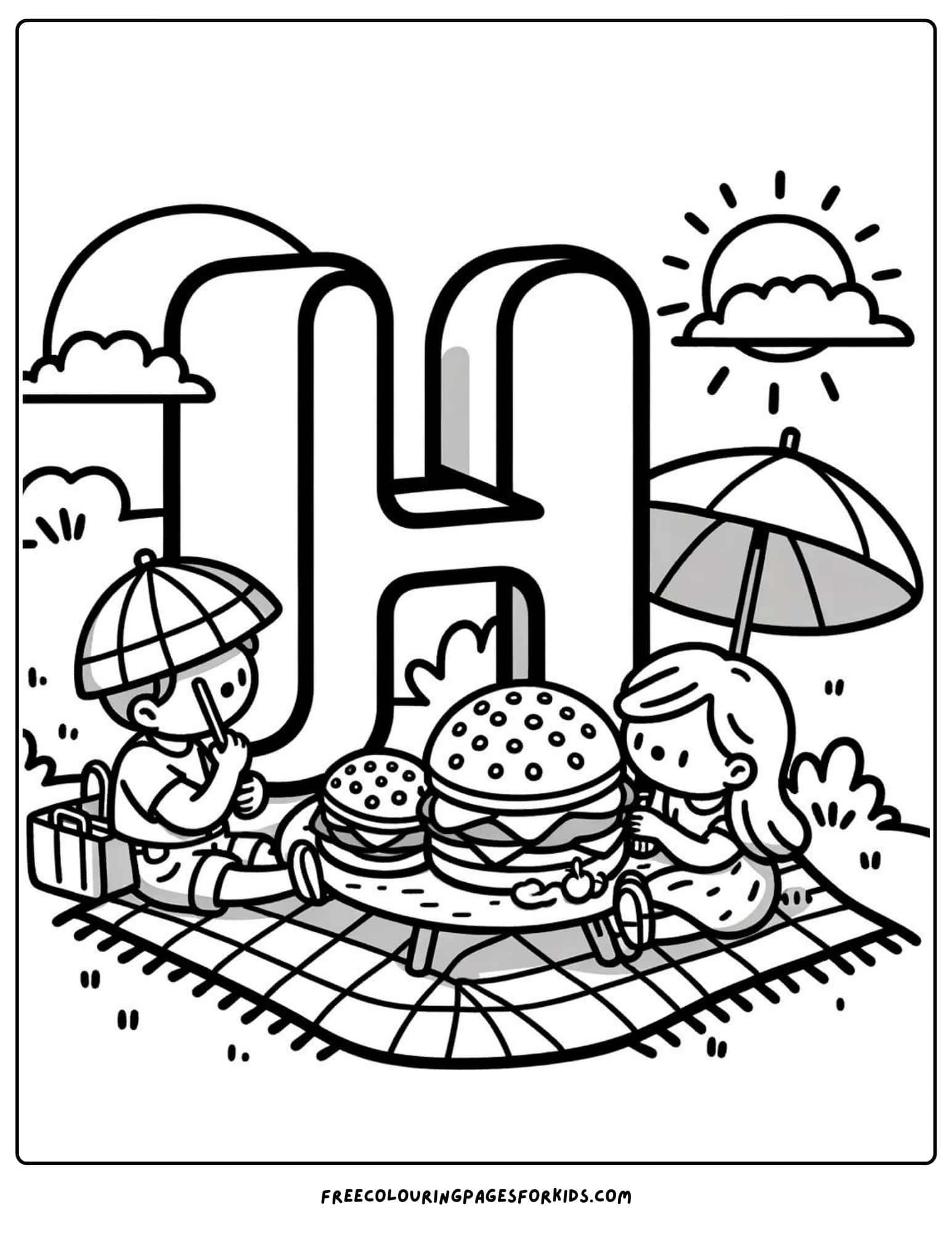 h for hamburgers coloring page