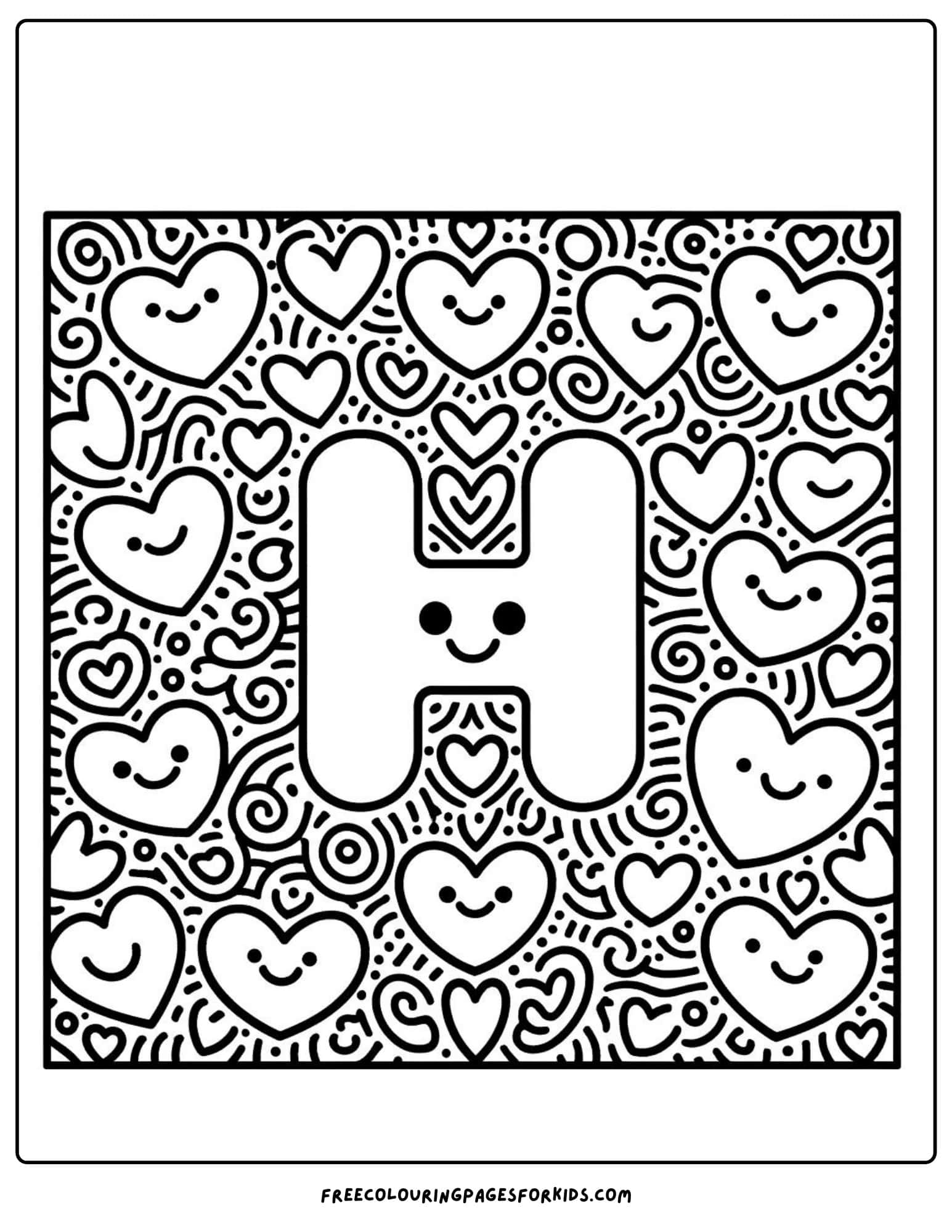 h for hearts coloring page