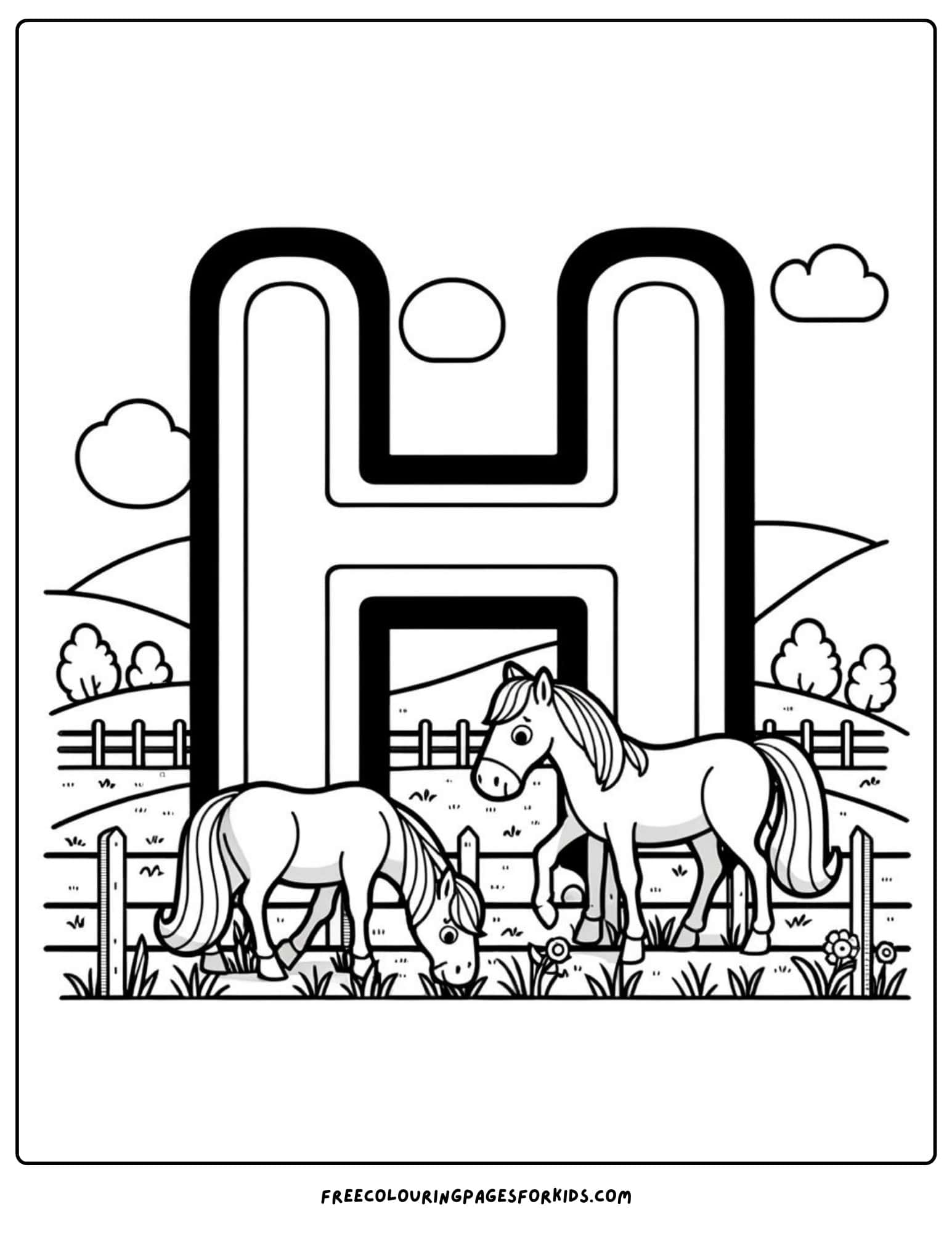 h for horse coloring page