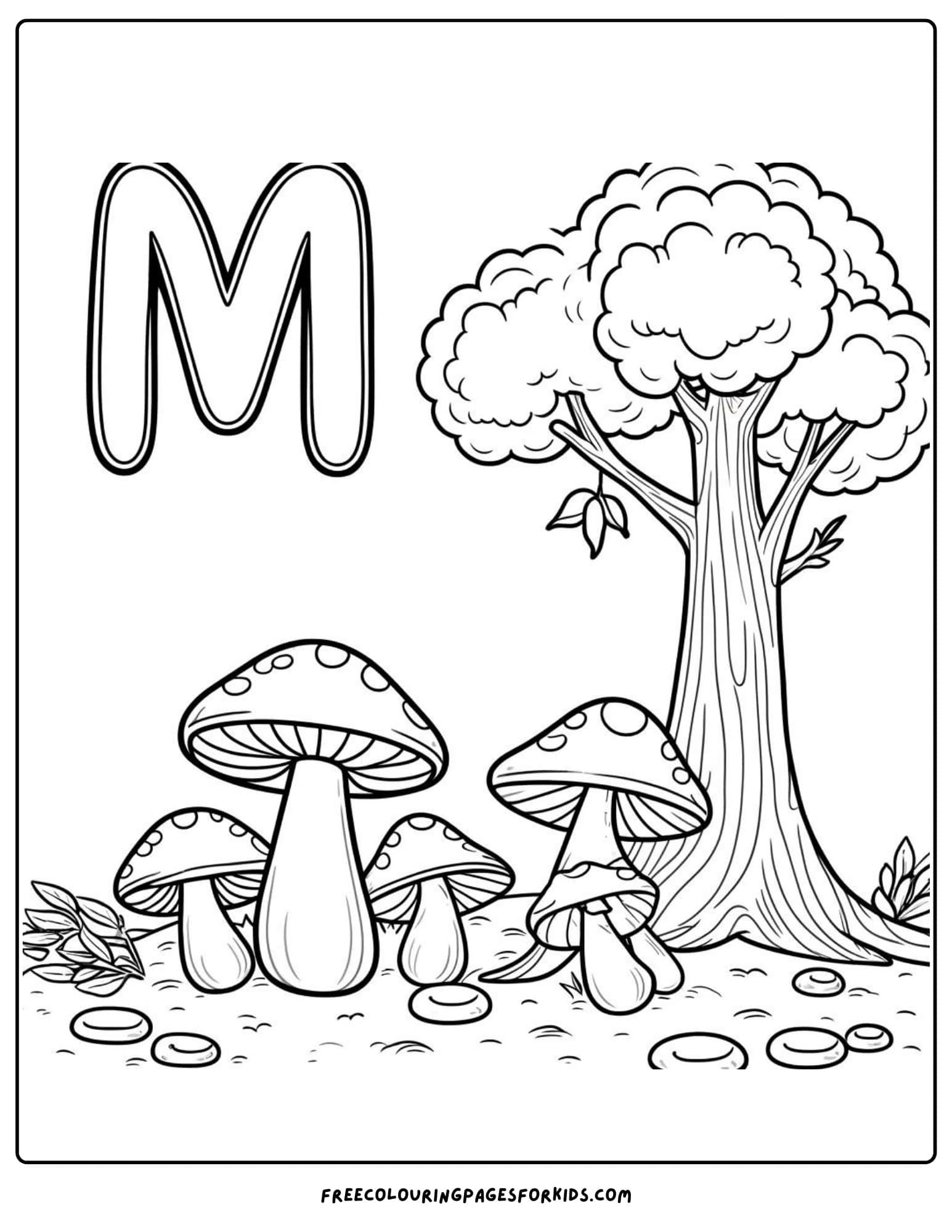 m for mushroom coloring page