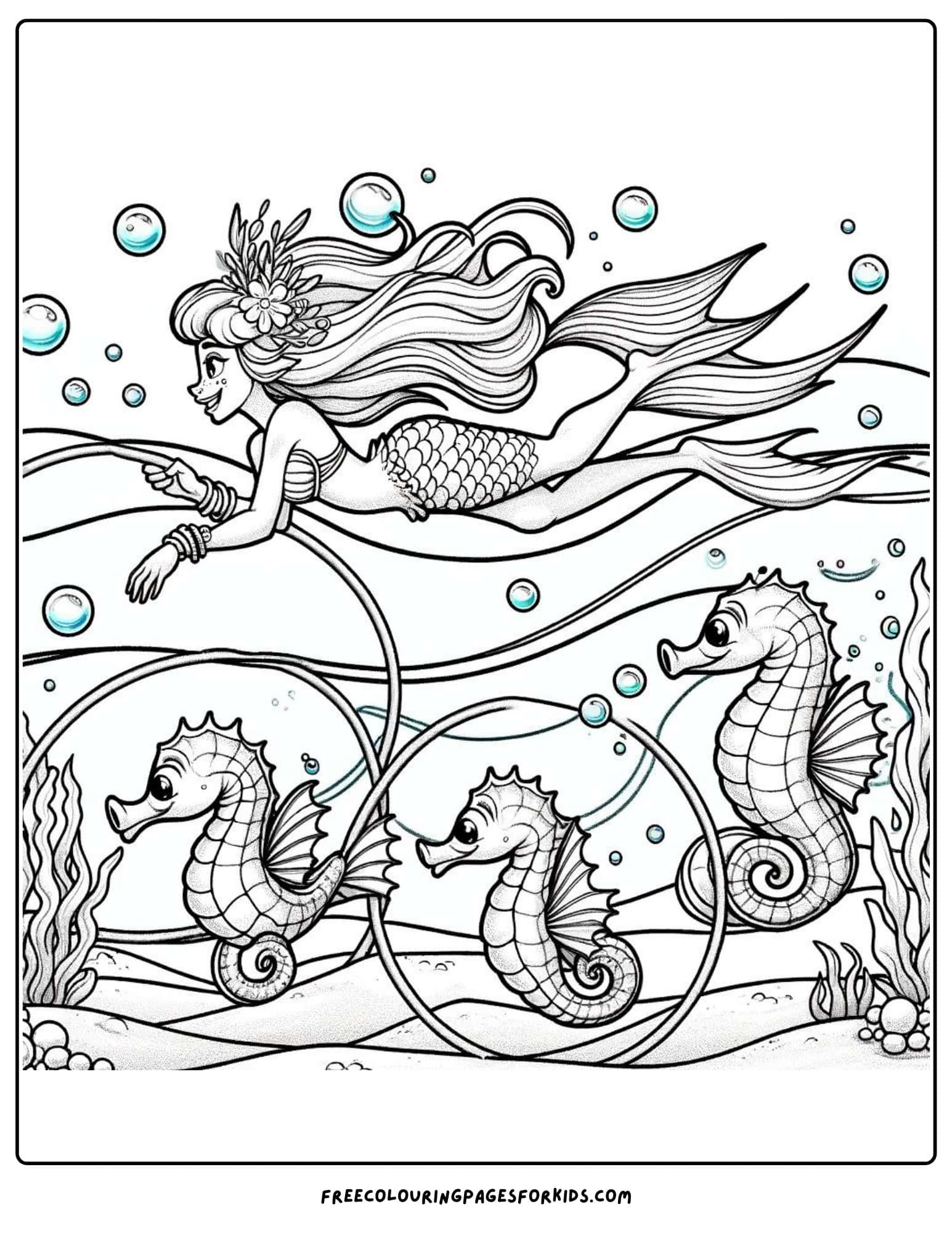 mermaid and seahorse race coloring page